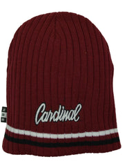 Maroon knit beanie with 'Cardinal' embroidery on a white background
