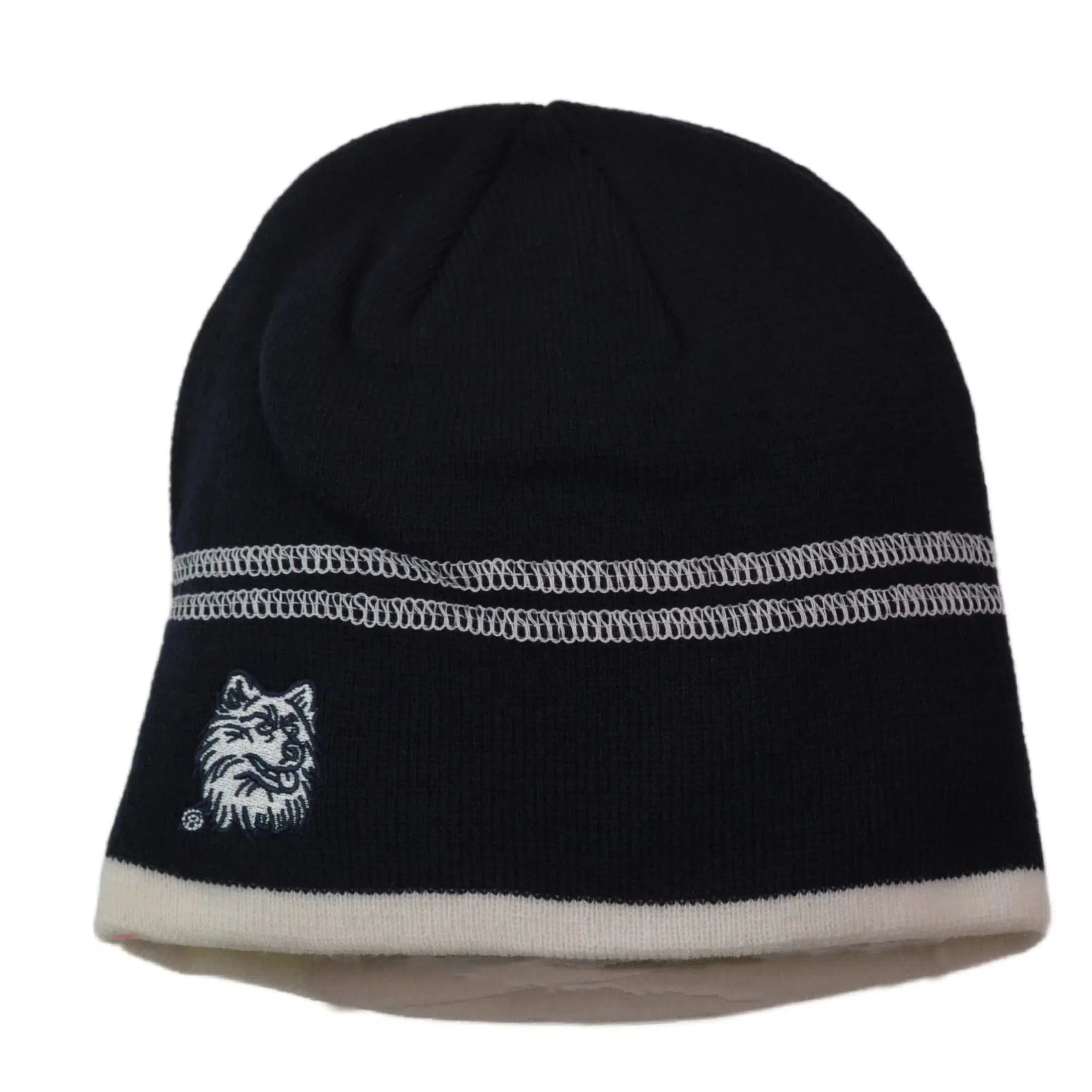 UConn Huskies NCAA Team Logo Cuff-less Knit Dark Navy Blue & White Beanie Winter Hat