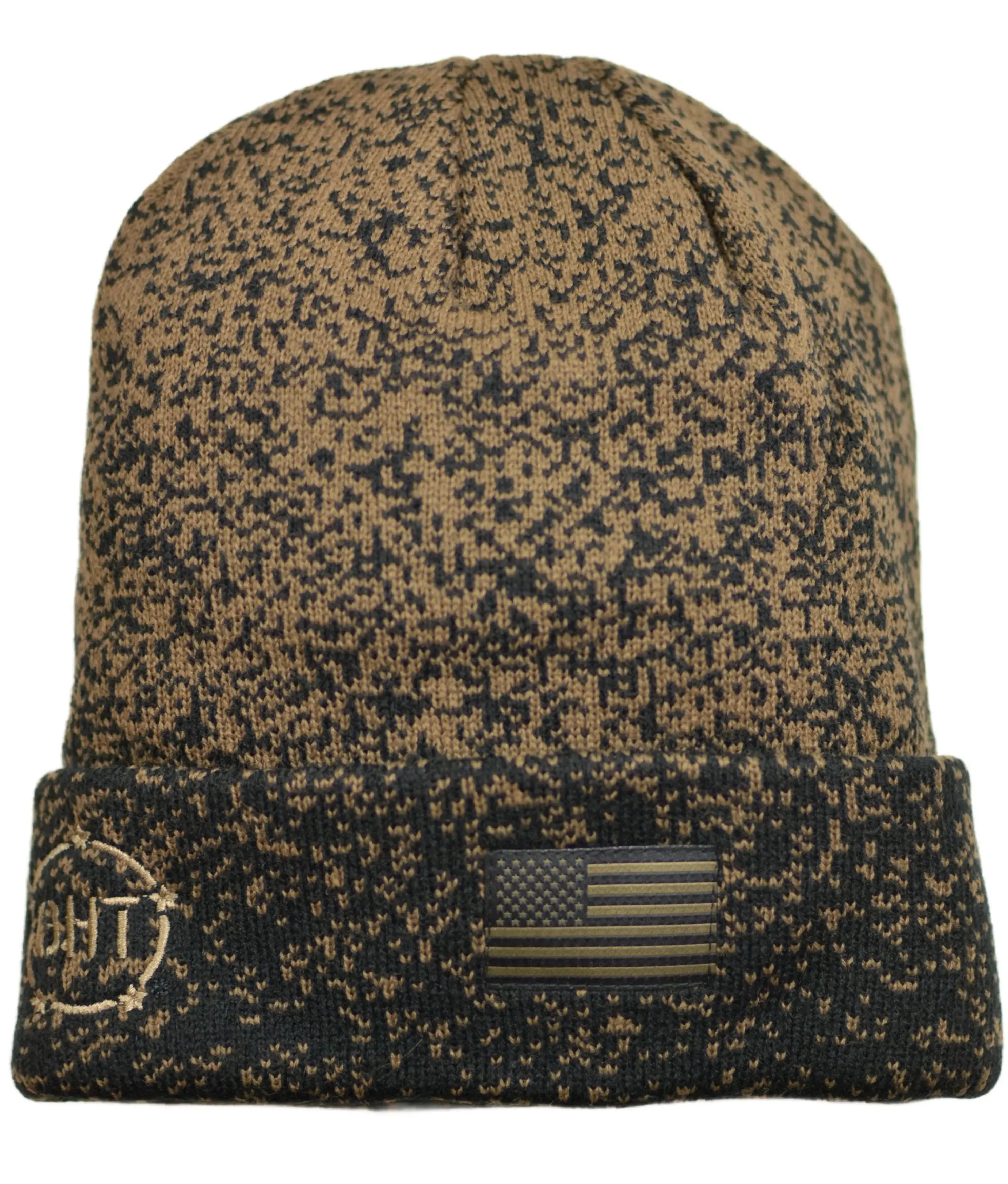 Camouflage beanie with American flag patch and logo on a white background