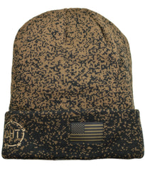 Camouflage beanie with American flag patch and logo on a white background