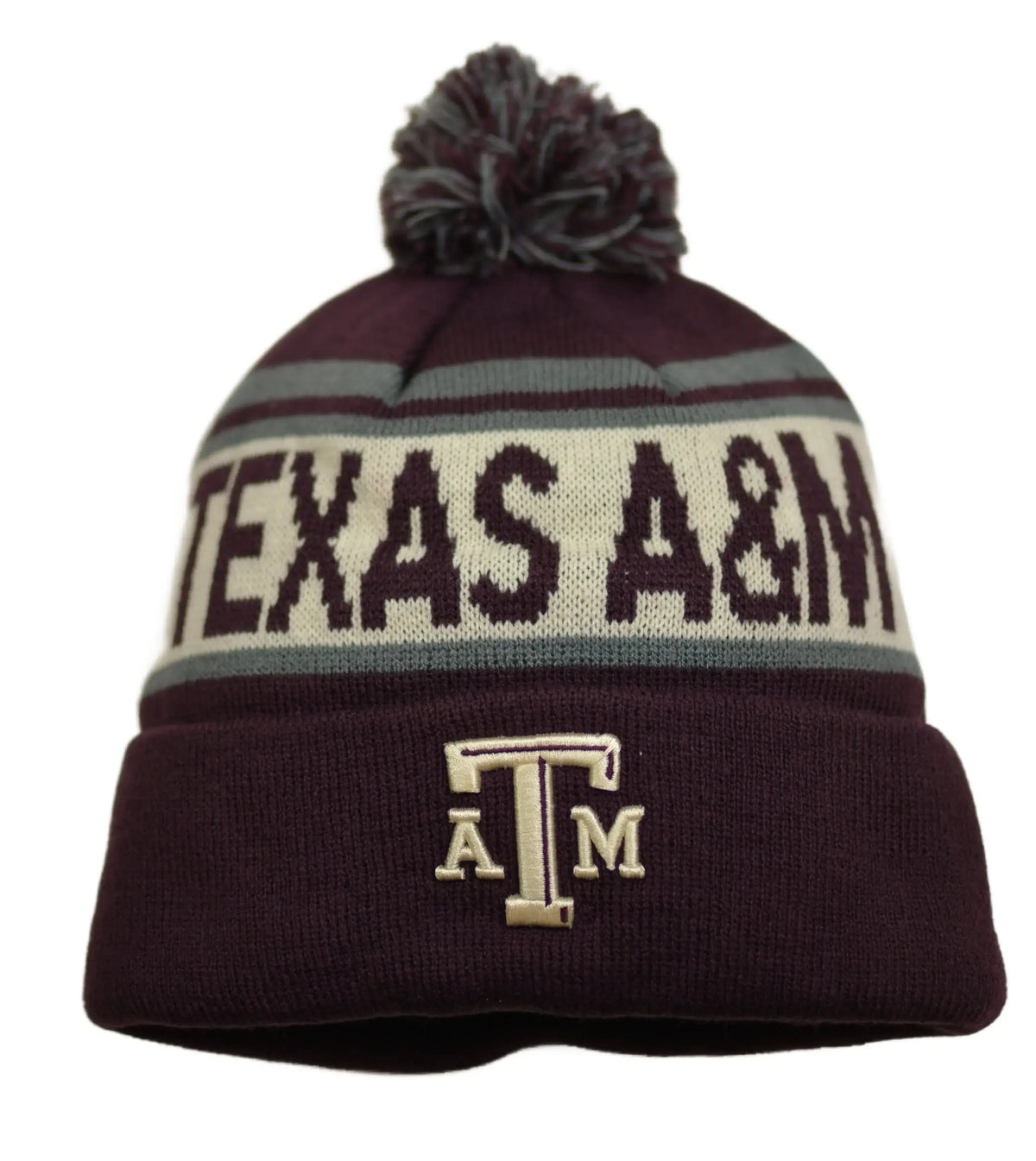 Maroon beanie with pom-pom and 'Texas A&M' text on a white background