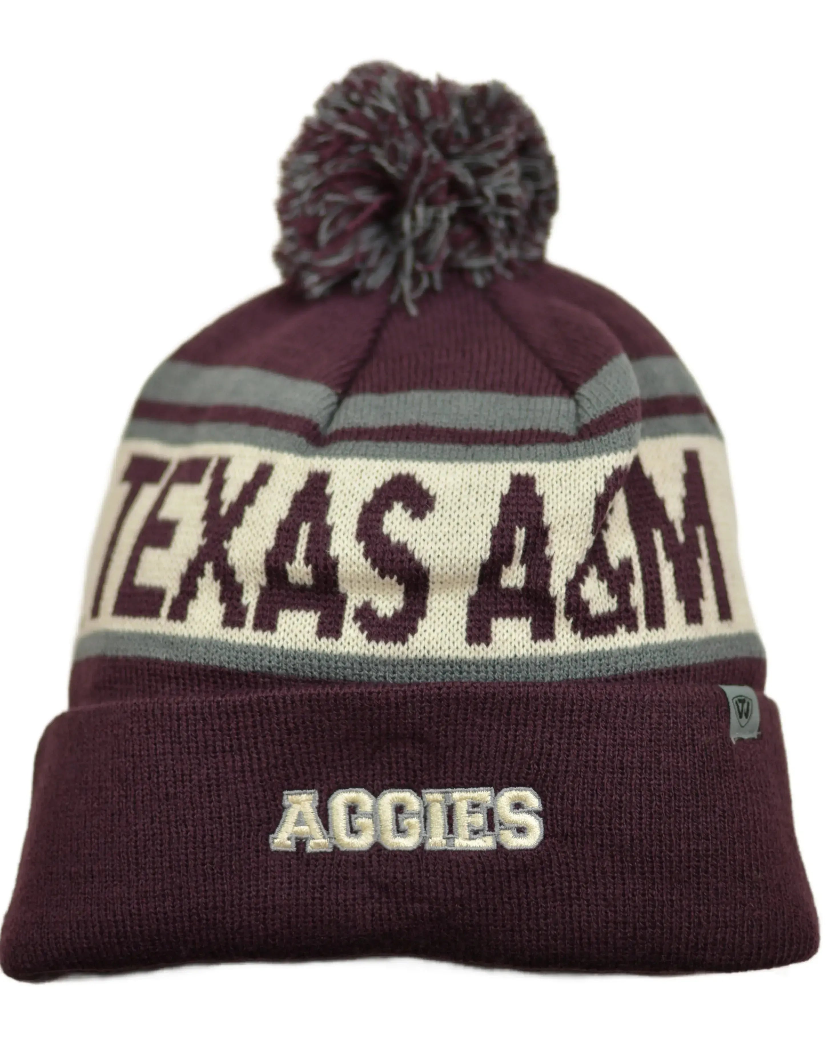 Maroon beanie with pom-pom and 'Texas A&M Aggies' text on a white background