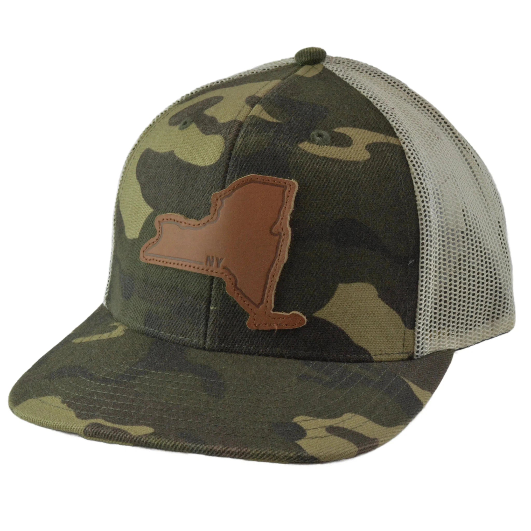 Local Crowns Leather Patch New York State Camouflage & Off White Snapback Cap Trucker Hat