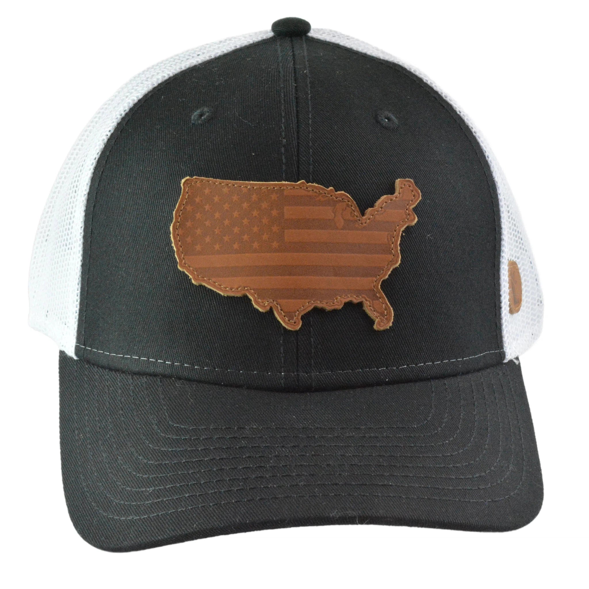 Local Crowns Leather Patch USA Flag Black & White Snapback Cap Trucker Hat