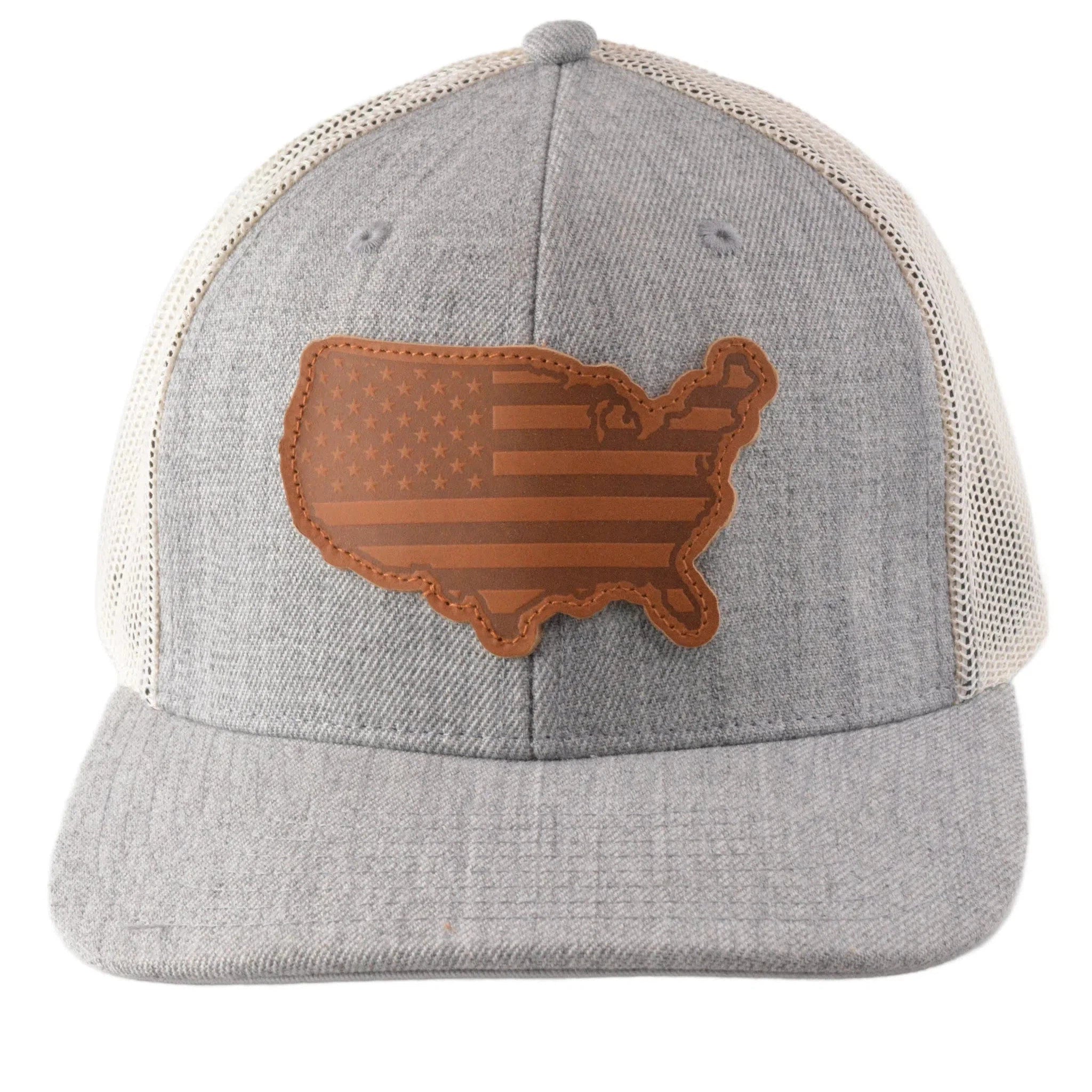 Local Crowns Leather Patch USA Flag Gray & Cream Snapback Cap Trucker Hat