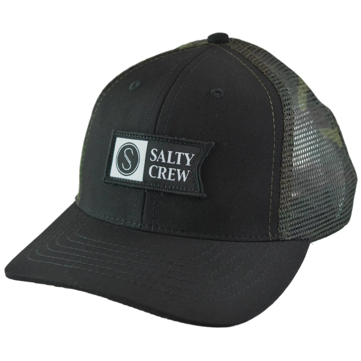 Salty Crew Pinnacle Retro Trucker Adjustable Mesh Back Black & Camo Snapback Hat