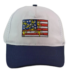 Cap with American flag and yellow figures design on a white background