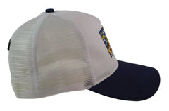 White mesh cap with a colorful logo on the side against a white background