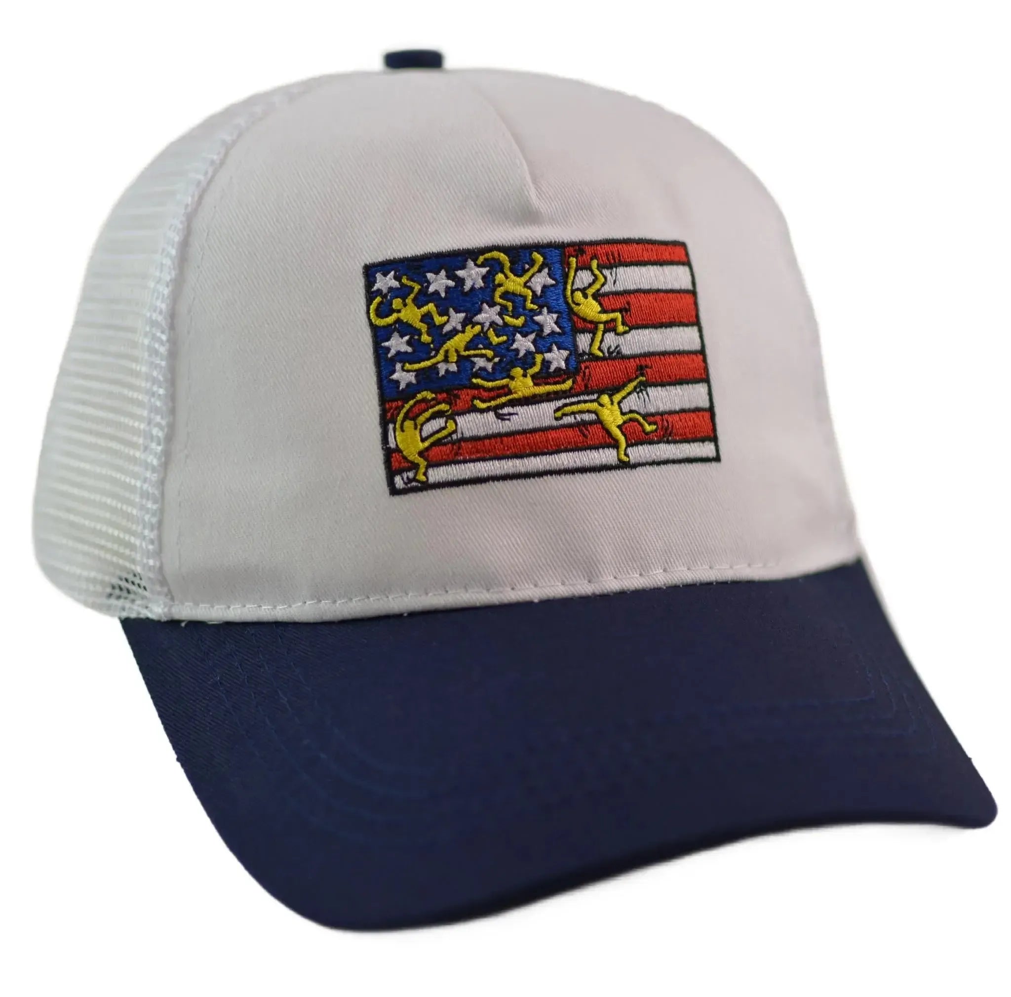 Trucker hat with a flag design on a white background