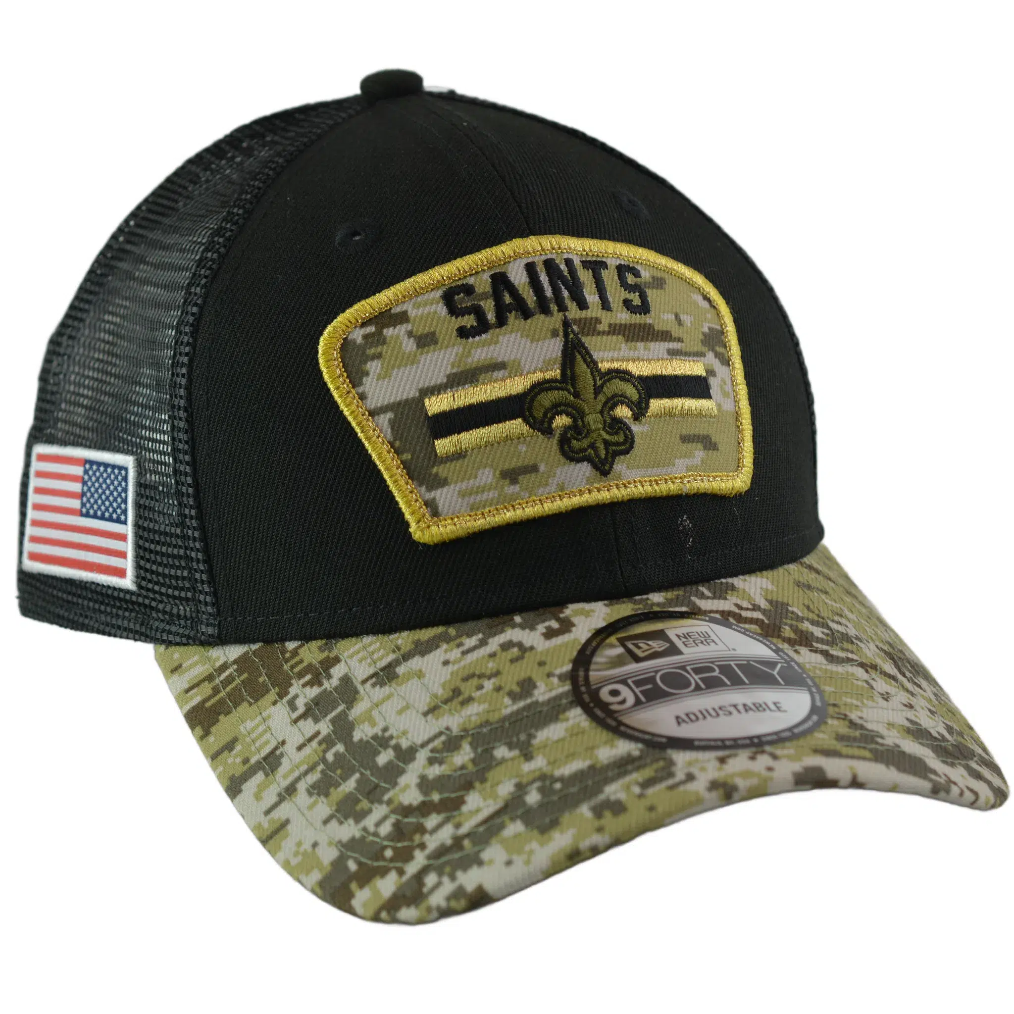 New Orleans Saints New Era 940 Salute To Service Black/Camo Mesh Back Adjustable Men's Snapback Hat