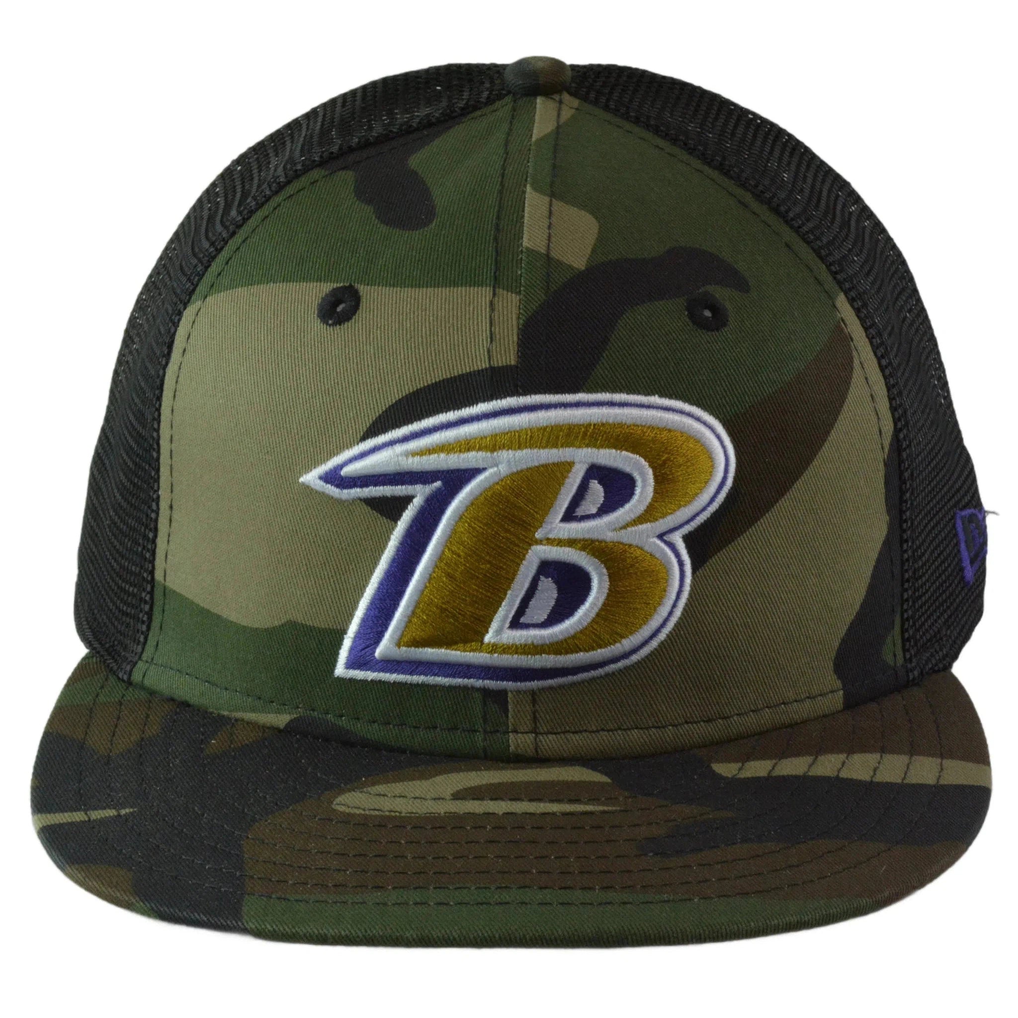 Baltimore Ravens New Era 9FIFTY NFL Alternate Logo Woodland Camo Mesh Back Flat Bill Snapback Hat