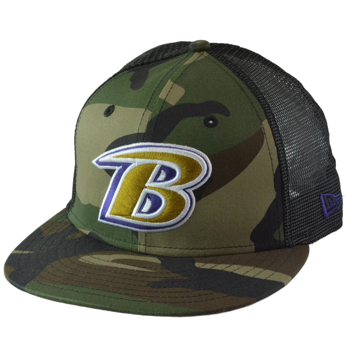 Baltimore Ravens New Era 9FIFTY NFL Alternate Logo Woodland Camo Mesh Back Flat Bill Snapback Hat