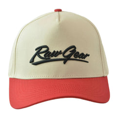 RAWGEAR Gym Gear Varsity Script Beige and Red Two-Tone Relaxed Fit Snapback Hat