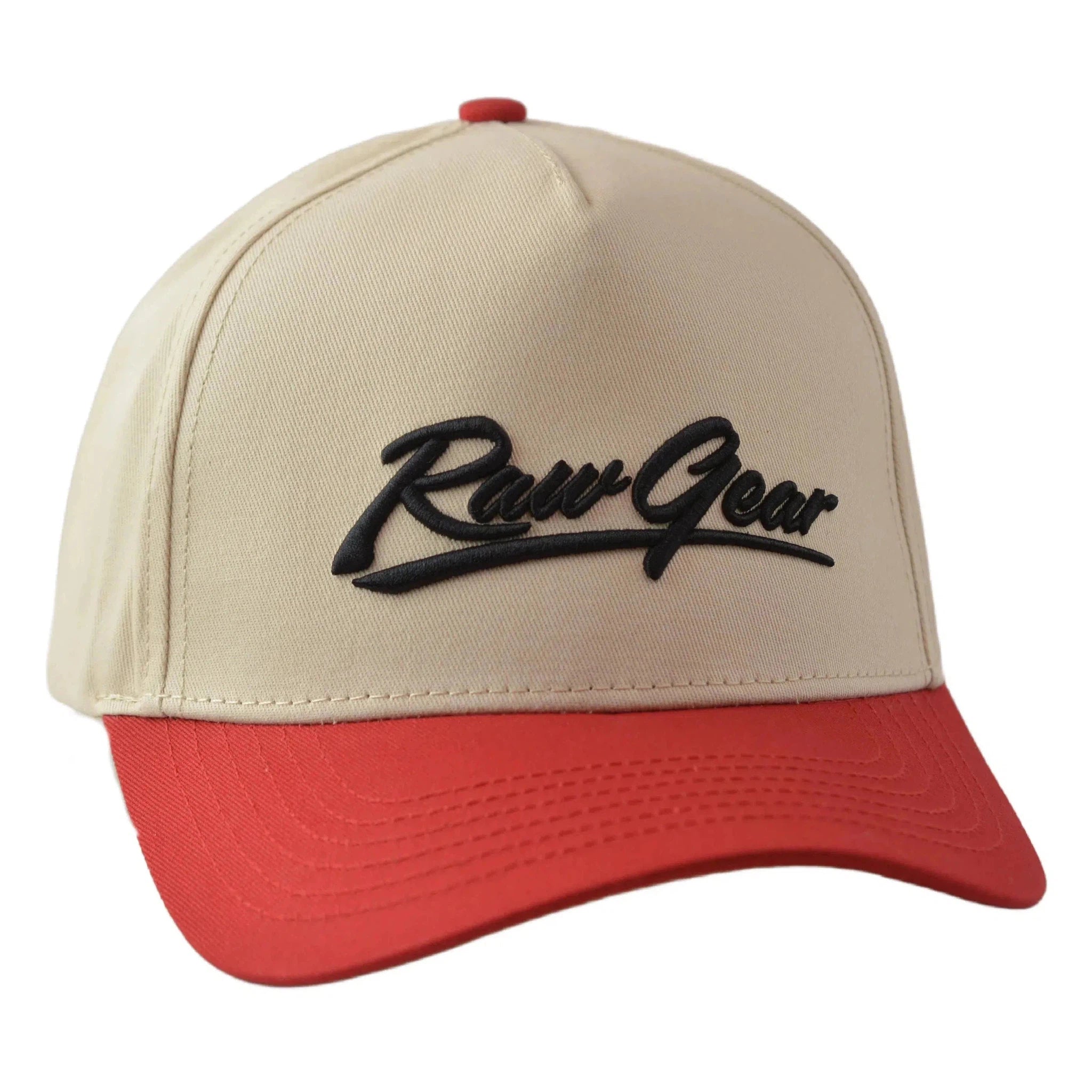 RAWGEAR Gym Gear Varsity Script Beige and Red Two-Tone Relaxed Fit Snapback Hat