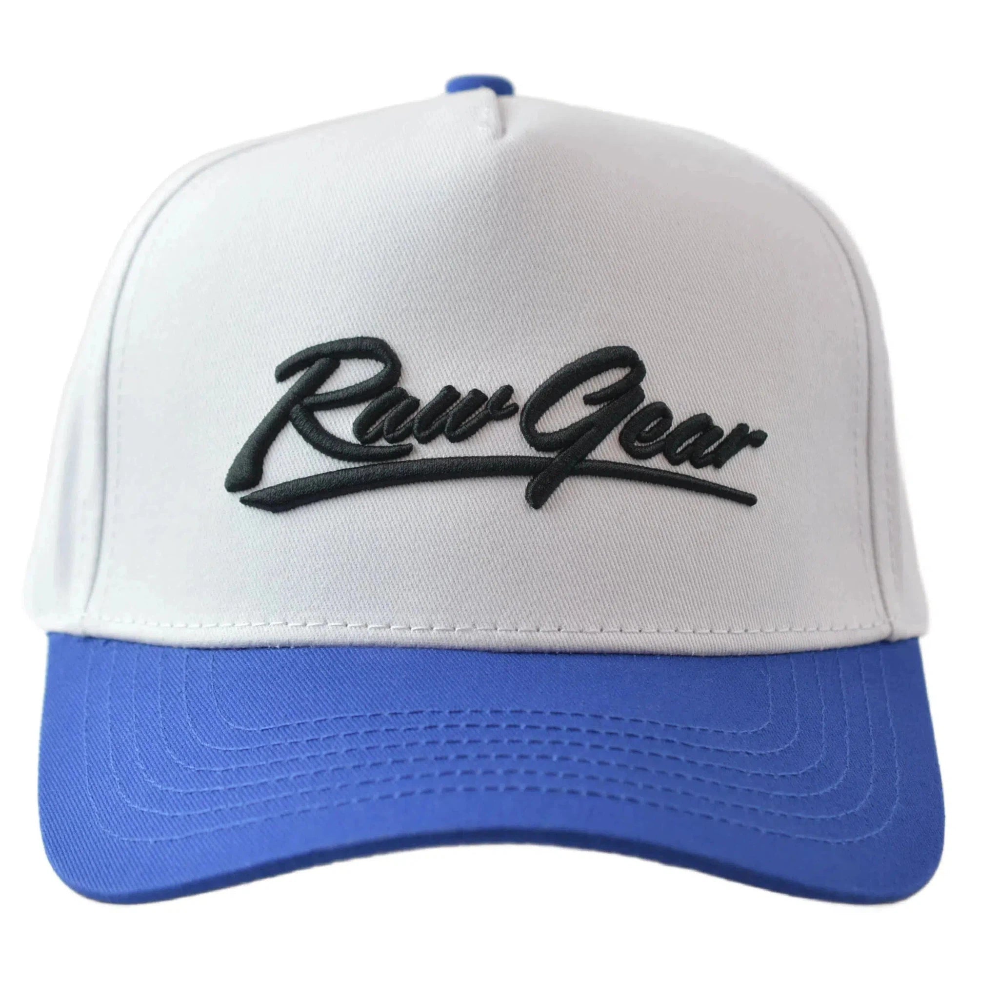 RAWGEAR Gym Gear Varsity Script White and Blue Two-Tone Relaxed Fit Snapback Hat