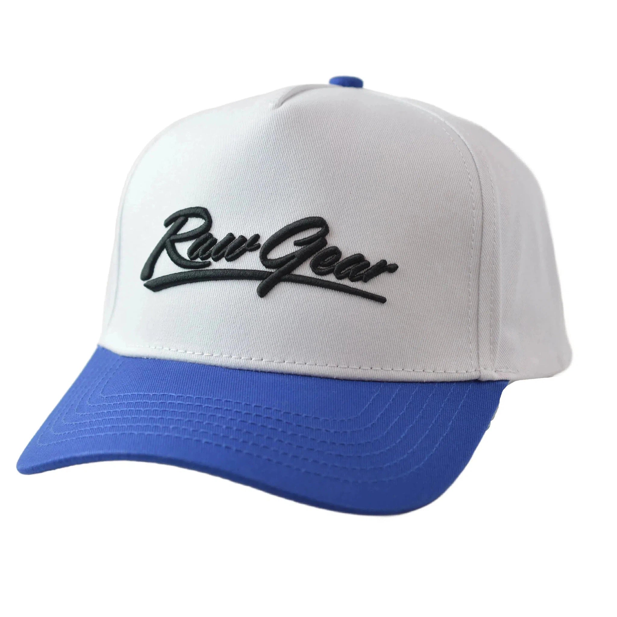 RAWGEAR Gym Gear Varsity Script White and Blue Two-Tone Relaxed Fit Snapback Hat