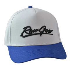 RAWGEAR Gym Gear Varsity Script White and Blue Two-Tone Relaxed Fit Snapback Hat