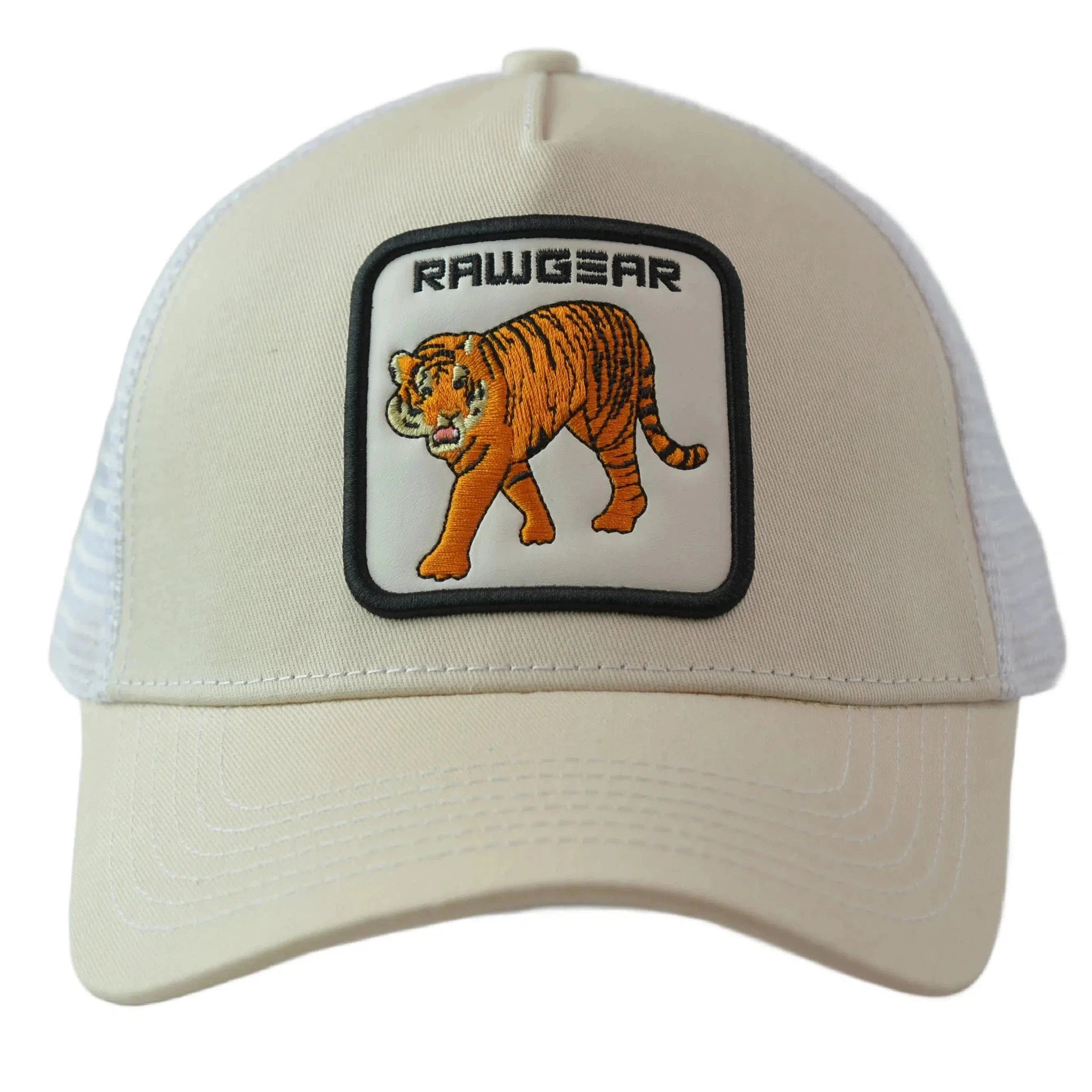 RAWGEAR Gym Wear Tiger Logo Beige & White Two Tone Trucker Cap Snapback Hat