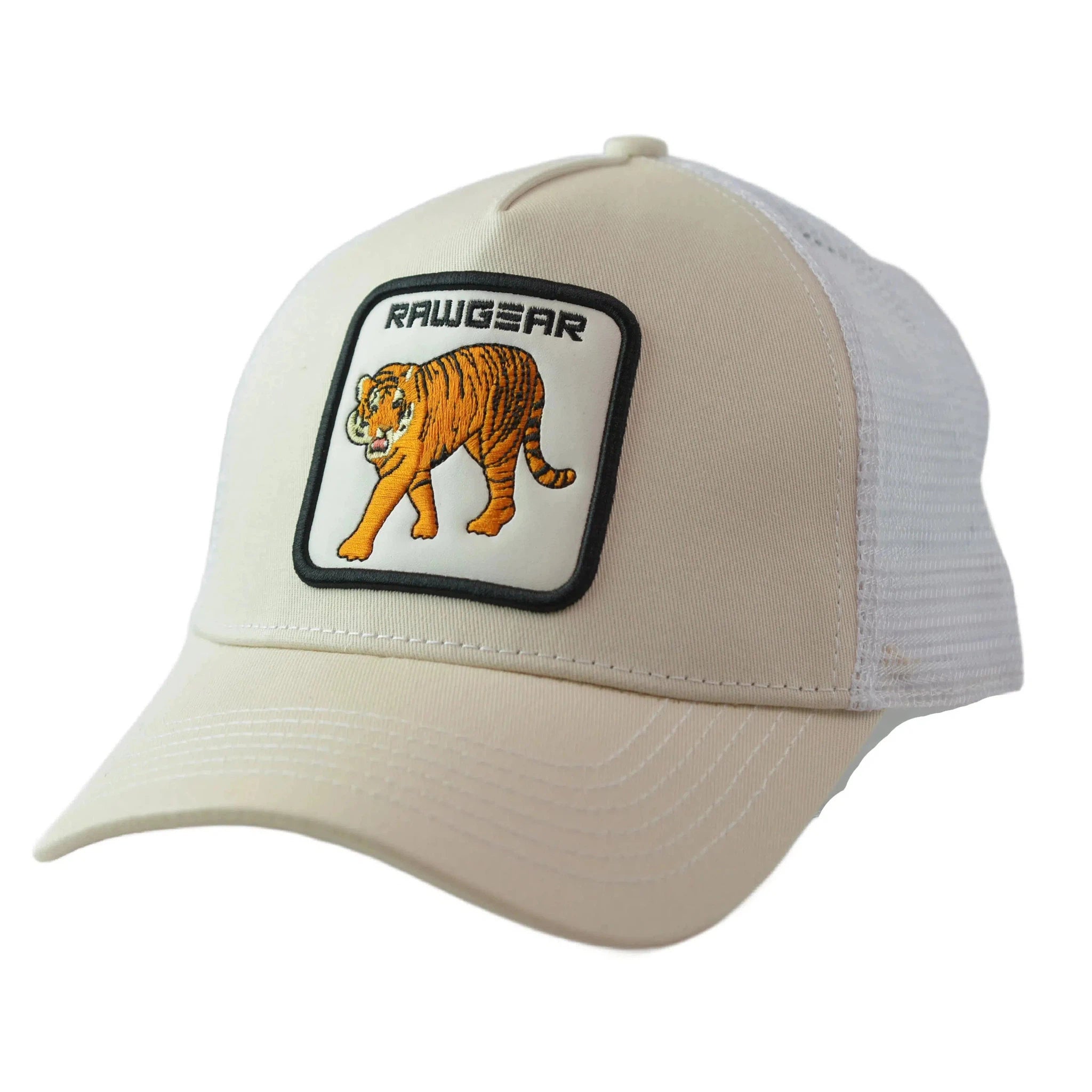 RAWGEAR Gym Wear Tiger Logo Beige & White Two Tone Trucker Cap Snapback Hat