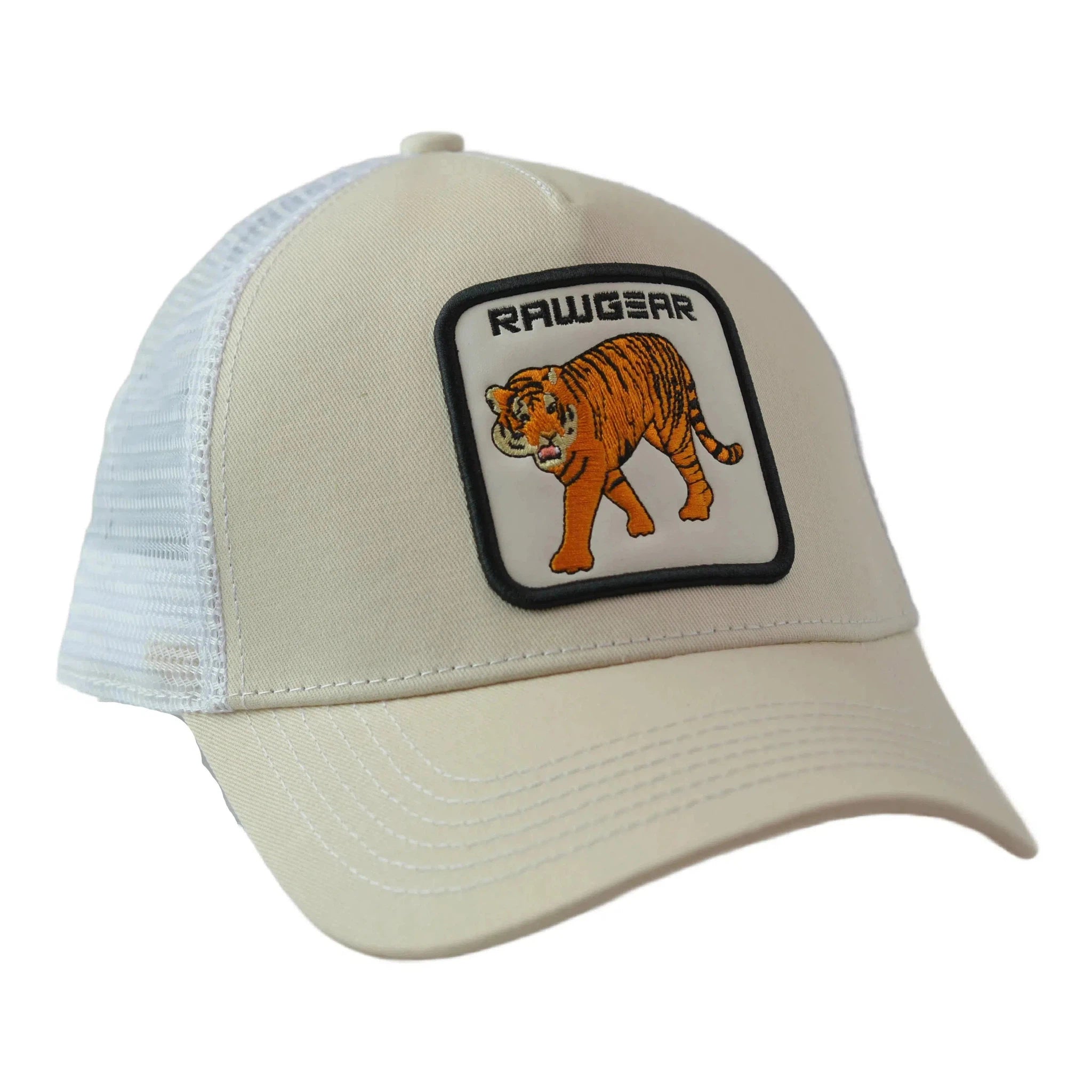 RAWGEAR Gym Wear Tiger Logo Beige & White Two Tone Trucker Cap Snapback Hat