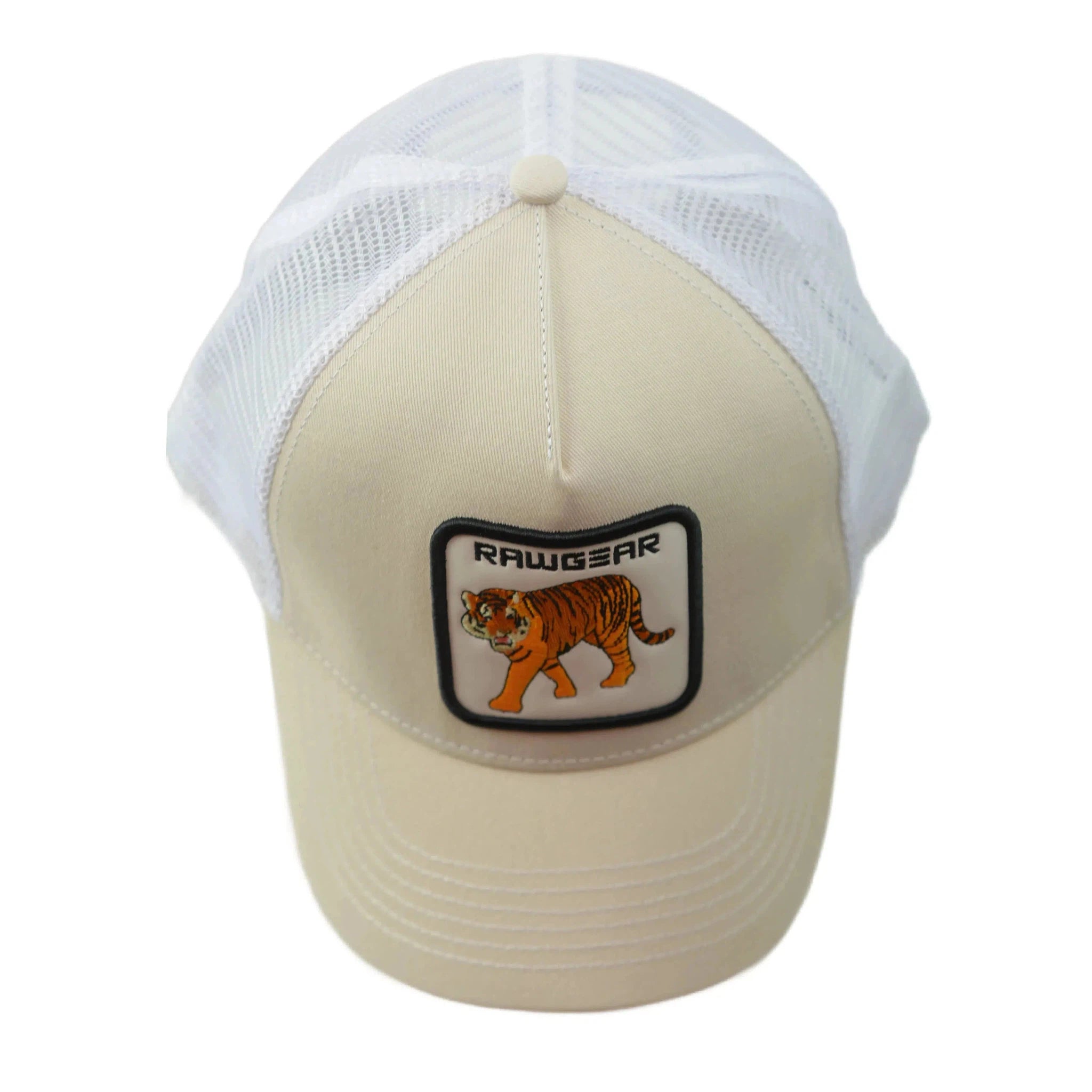 RAWGEAR Gym Wear Tiger Logo Beige & White Two Tone Trucker Cap Snapback Hat