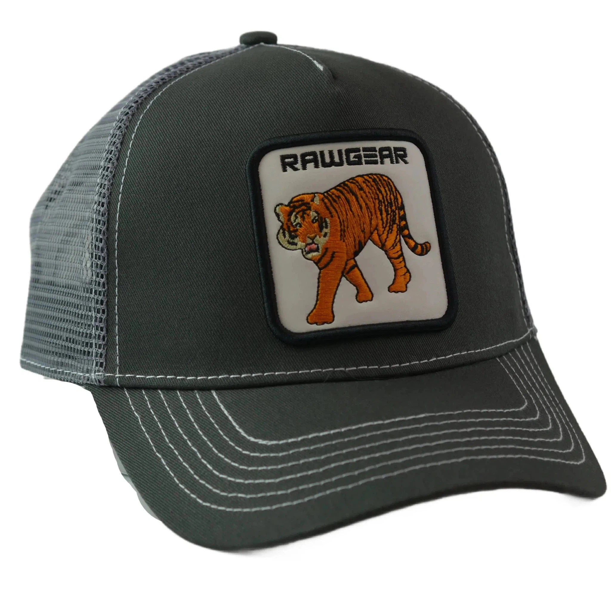 RAWGEAR Gym Gear Tiger Logo Gray Contrast Stitch Trucker Cap Snapback Hat