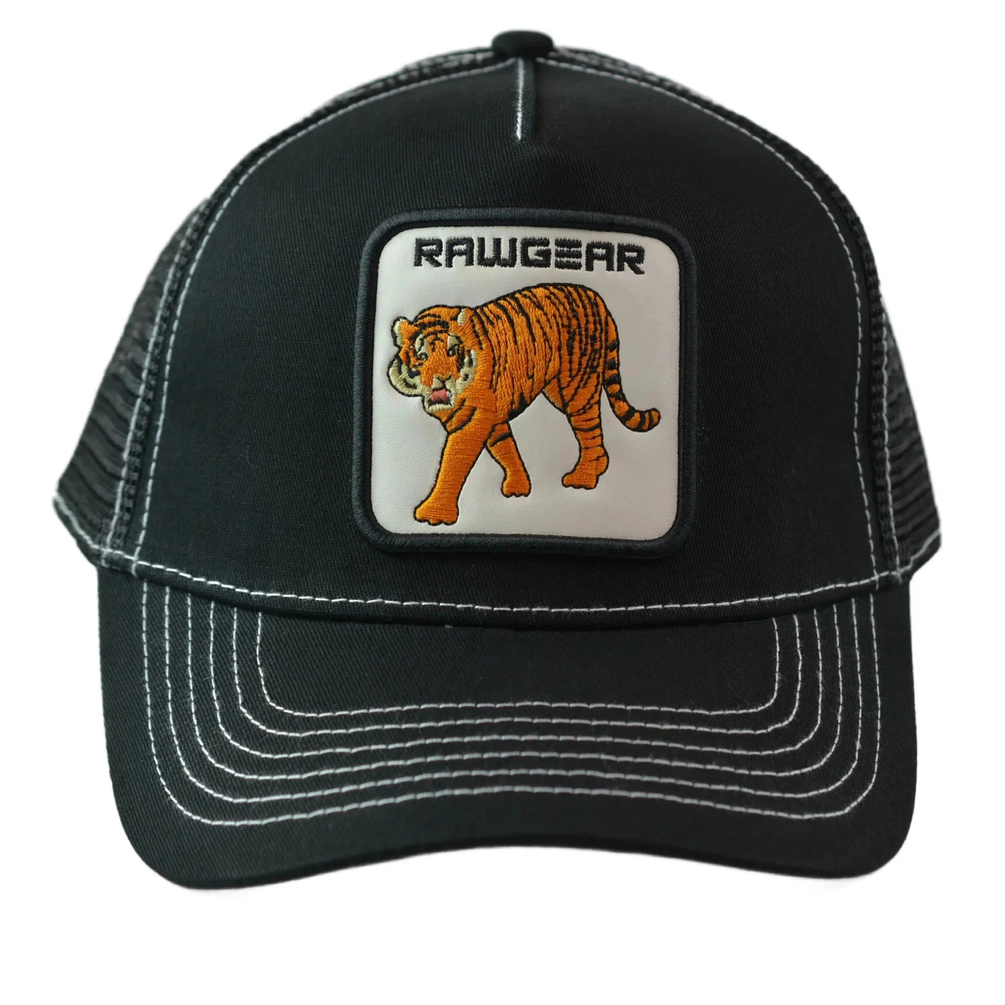 RAWGEAR Gym Wear Tiger Logo Black Contrast Stitch Trucker Cap Snapback Hat