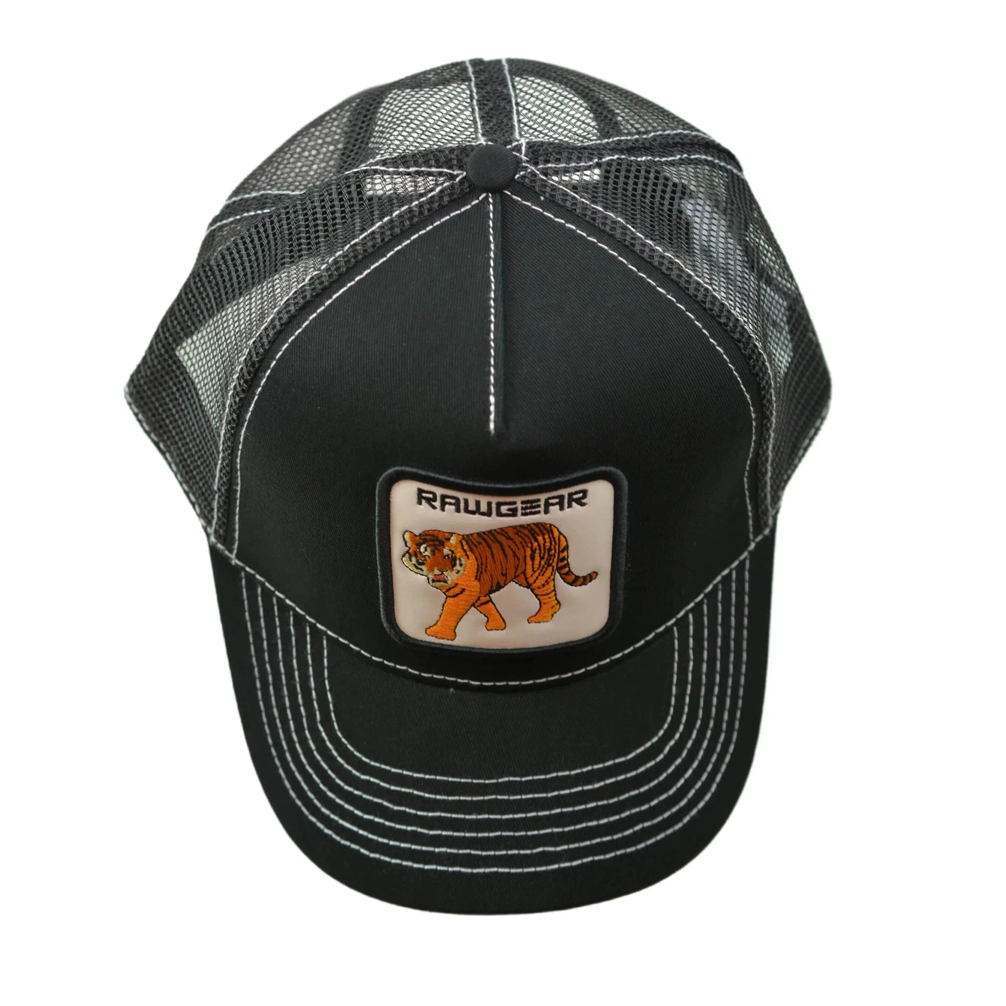 RAWGEAR Gym Wear Tiger Logo Black Contrast Stitch Trucker Cap Snapback Hat