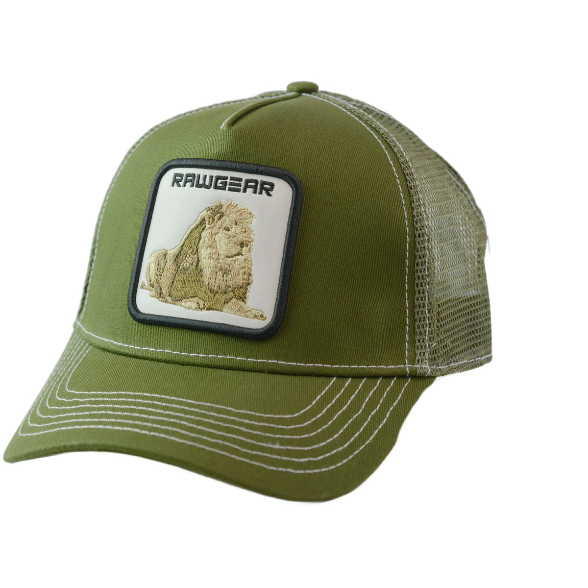 RAWGEAR Gym Gear Lion Logo OD Green Contrast Stitch Trucker Cap Snapback Hat