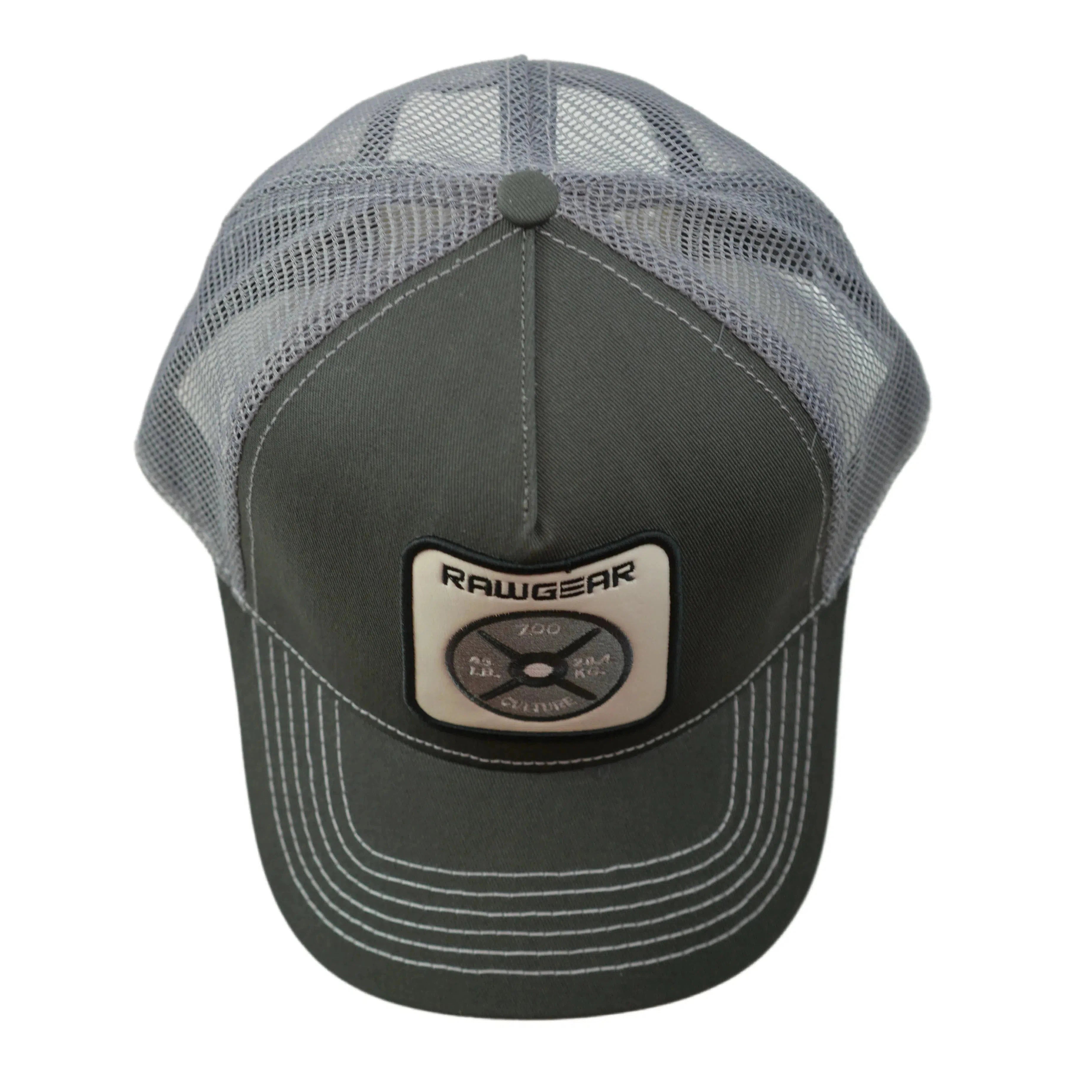 RAWGEAR Gym Gear Olympic Plate Patched Logo Gray Contrast Stitch Snapback Trucker Hat