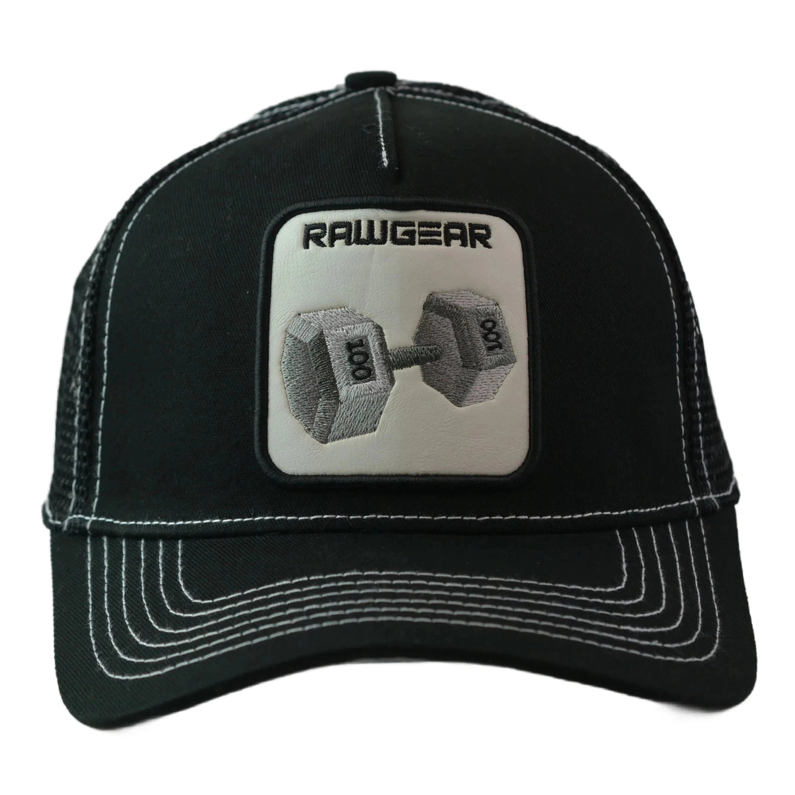 RAWGEAR Gym Gear Dumbbell Patched Logo Black Contrast Stitch Snapback Trucker Hat