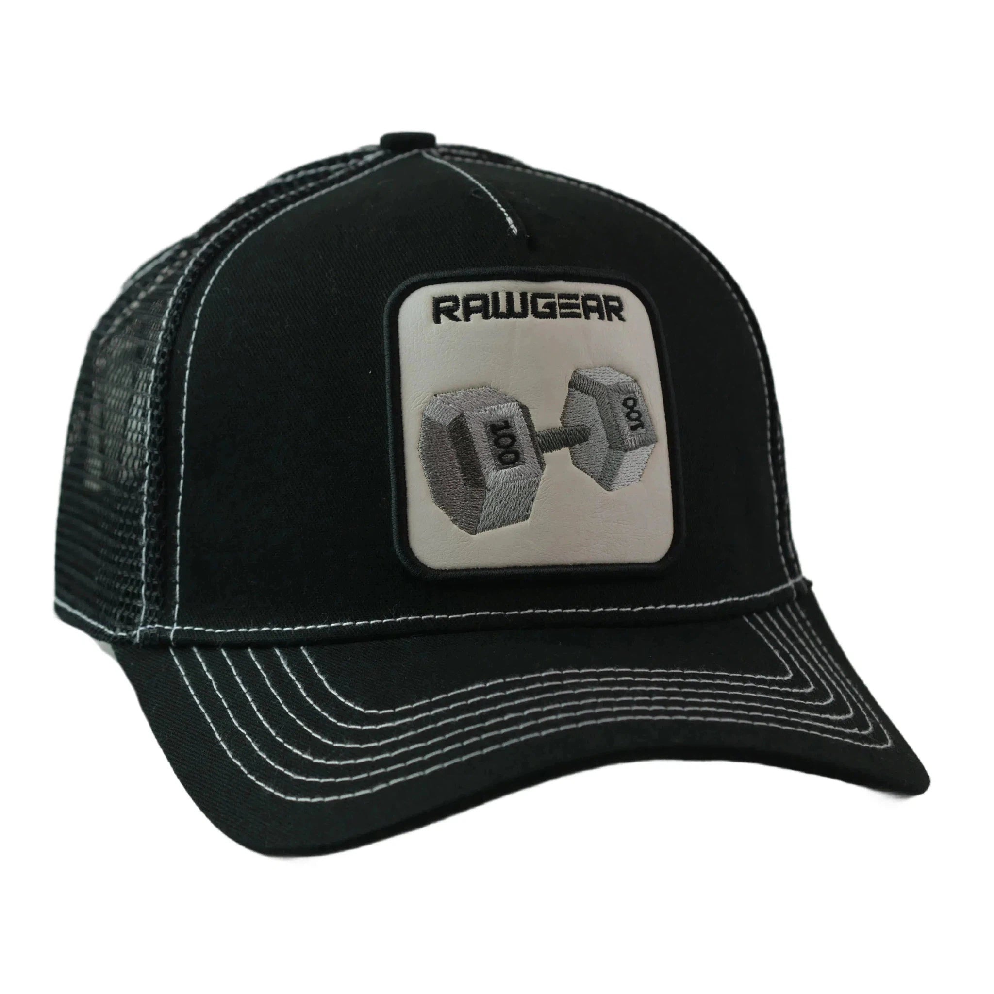 RAWGEAR Gym Gear Dumbbell Patched Logo Black Contrast Stitch Snapback Trucker Hat