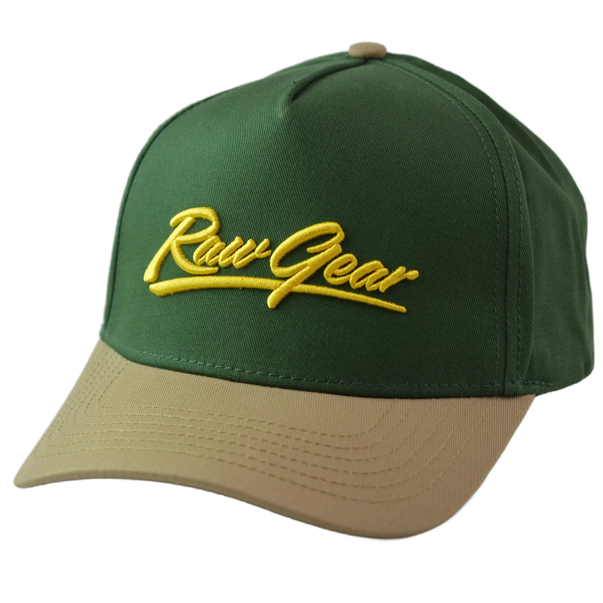 RAWGEAR Gym Gear Varsity Script Dark Green and Khaki Two-Tone Relaxed Fit Snapback Hat