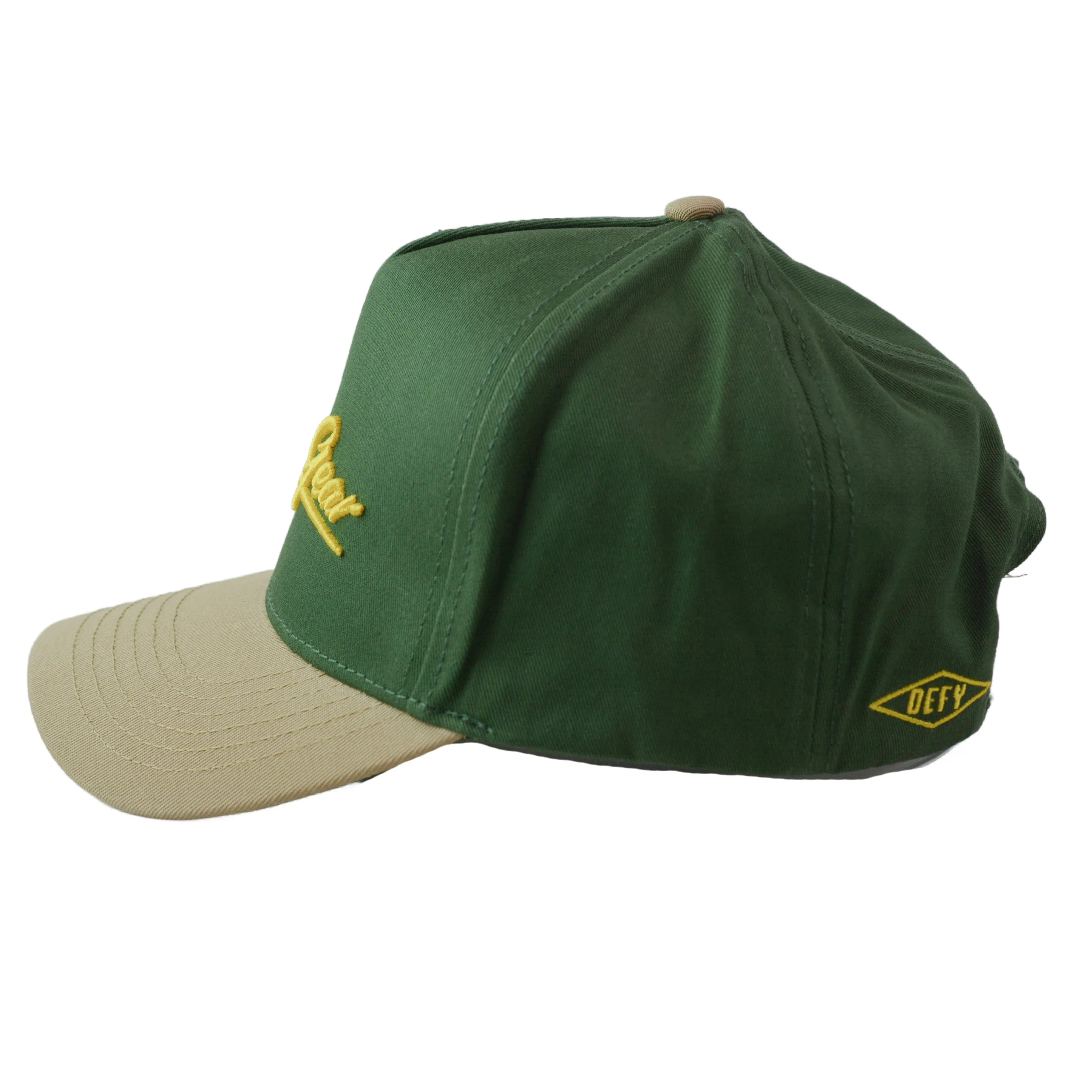 RAWGEAR Gym Gear Varsity Script Dark Green and Khaki Two-Tone Relaxed Fit Snapback Hat