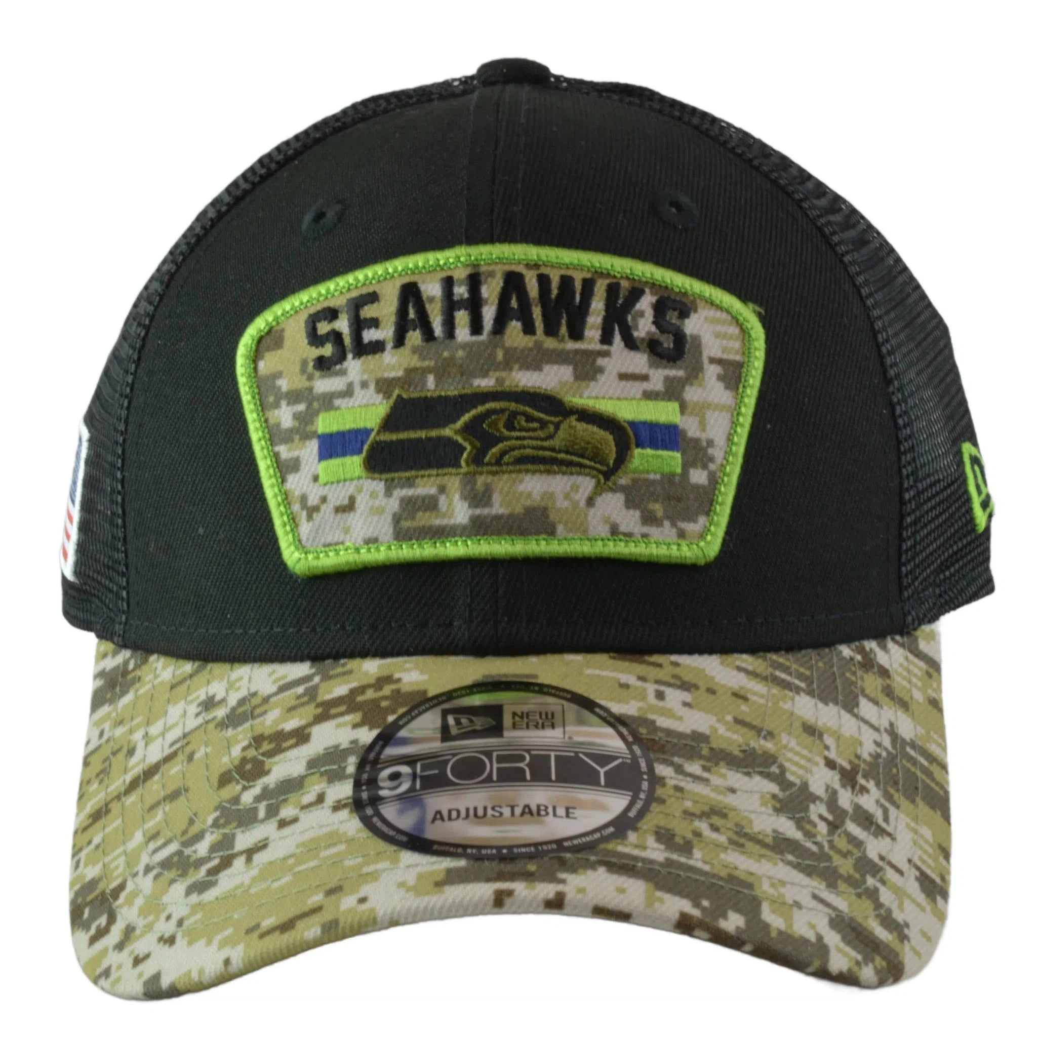 Seattle Seahawks New Era 940 Salute To Service Black/Camo Mesh Back Adjustable Men's Snapback Hat