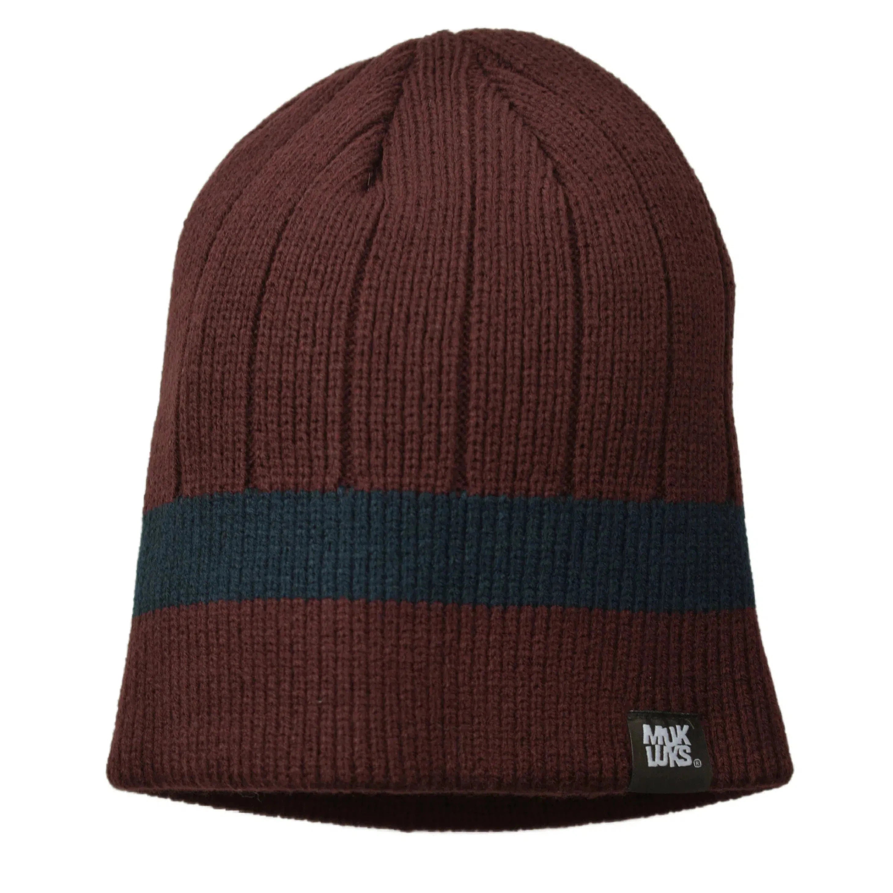 Burgundy & Navy Muk Luks Thick Ribbed Striped Knit Beanie Winter Hat