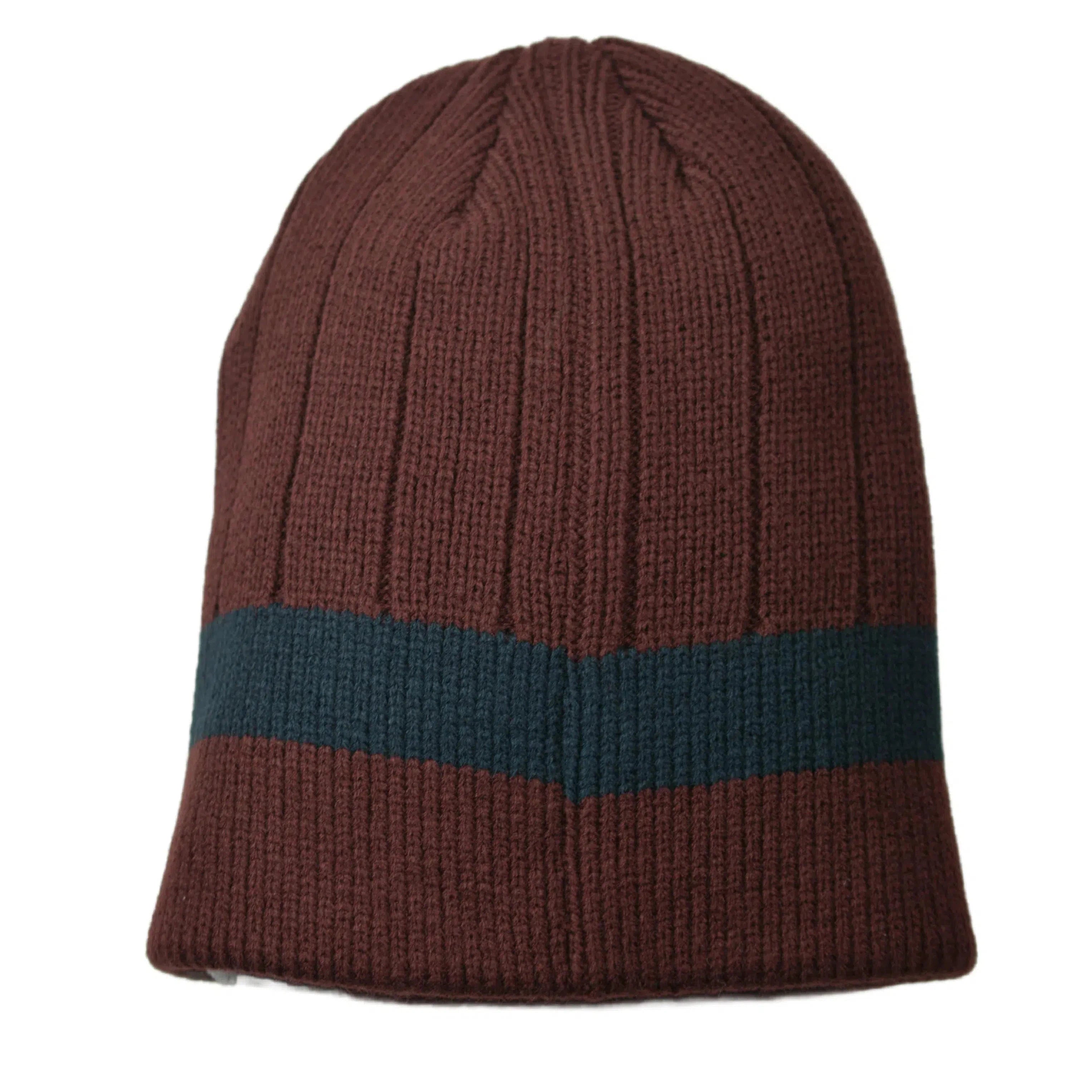 Burgundy & Navy Muk Luks Thick Ribbed Striped Knit Beanie Winter Hat