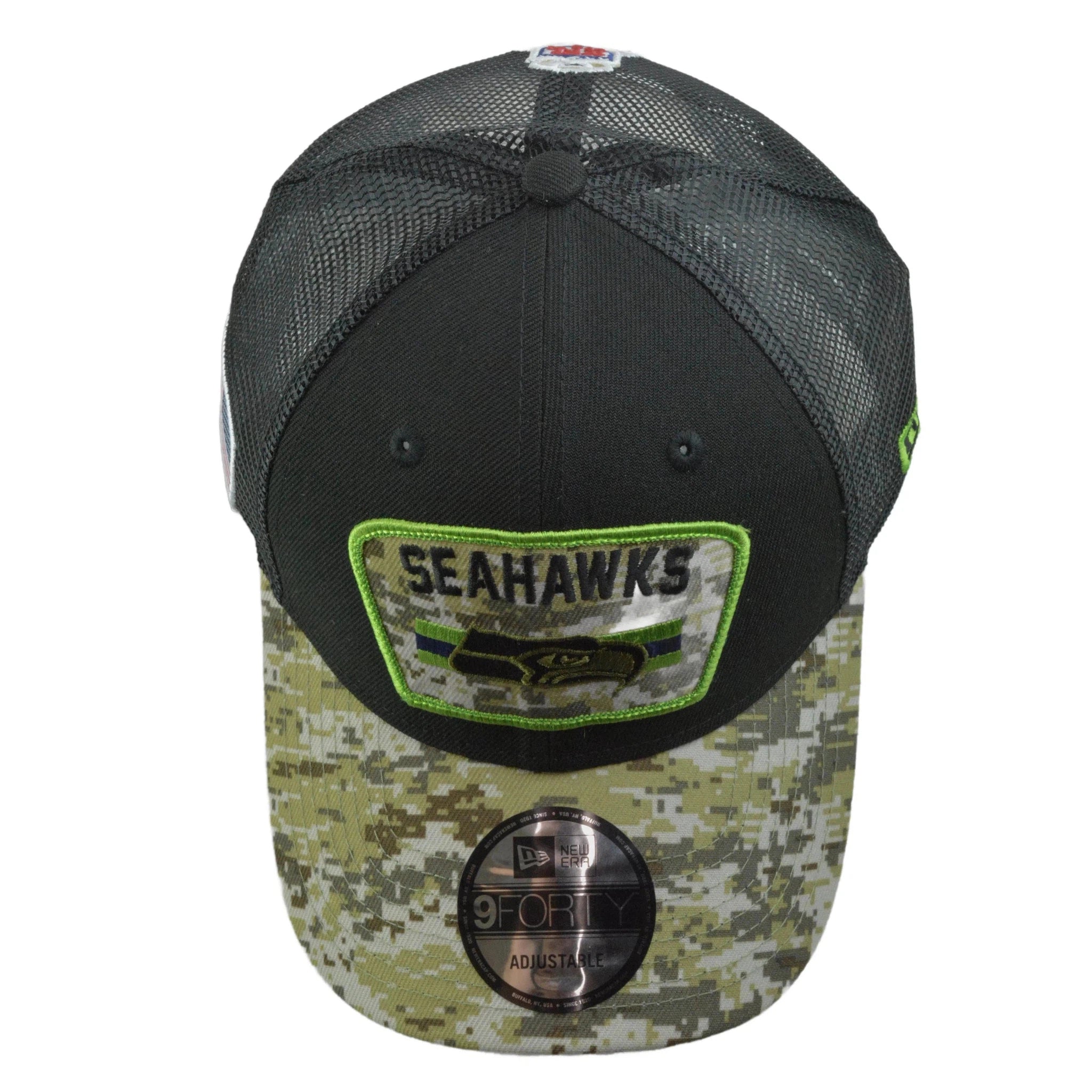 Seattle Seahawks New Era 940 Salute To Service Black/Camo Mesh Back Adjustable Men's Snapback Hat