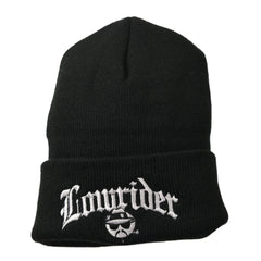 Retro Low Rider Black Cuffed Winter Knit Beanie Hat