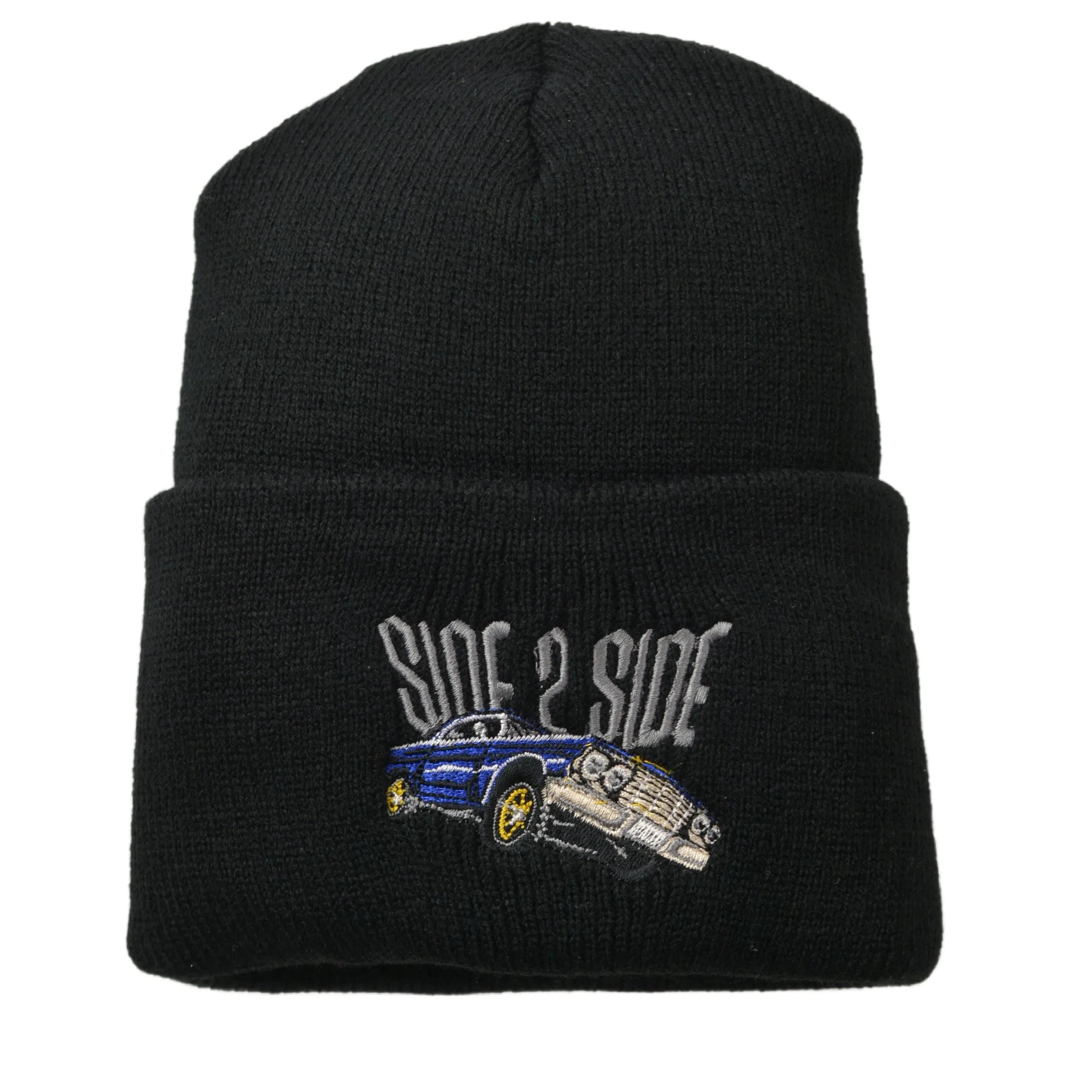 Side 2 Side Retro Low Rider Black Cuffed Winter Knit Beanie Hat