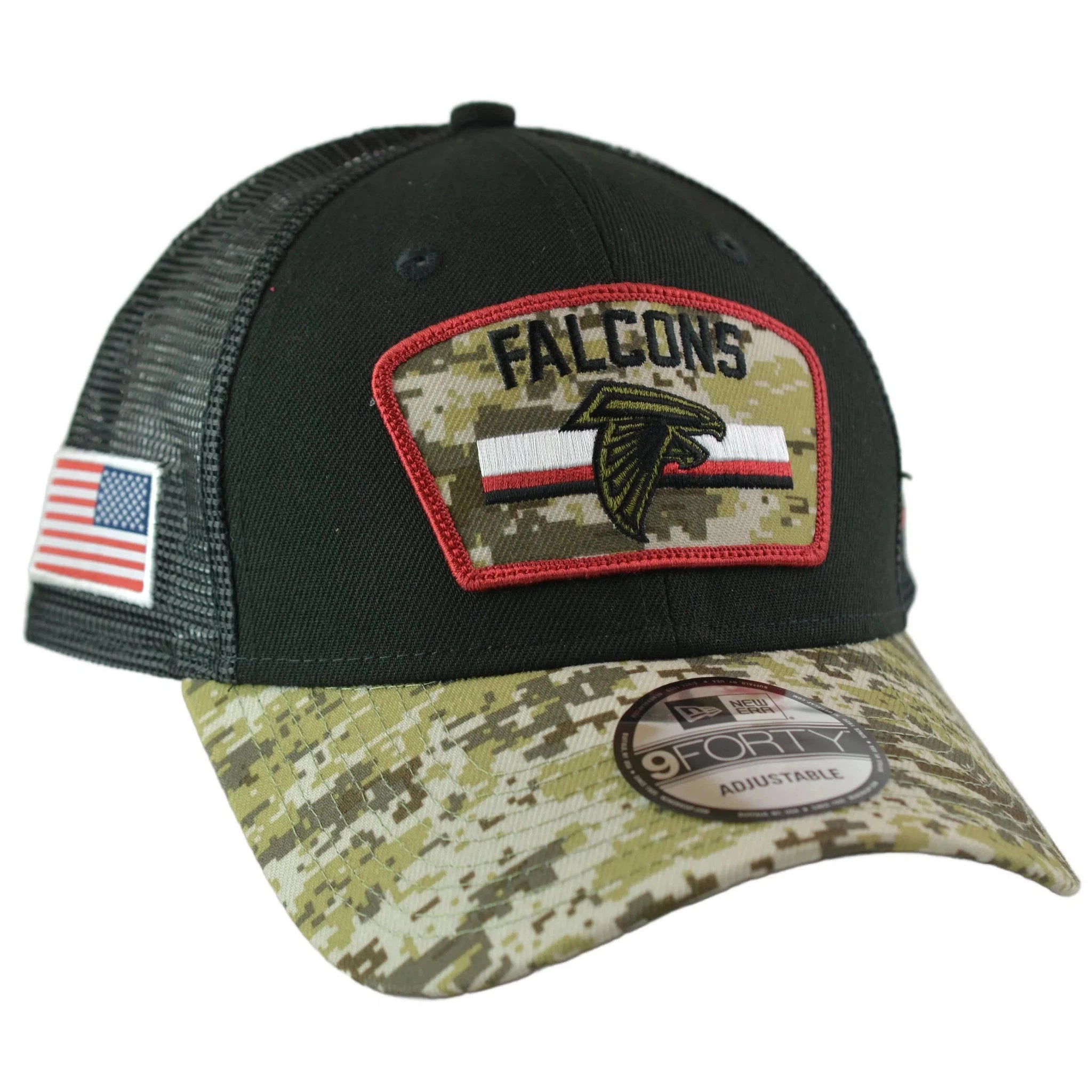 Atlanta Falcons New Era 940 Salute To Service Black/Camo Mesh Back Adjustable Men's Snapback Hat