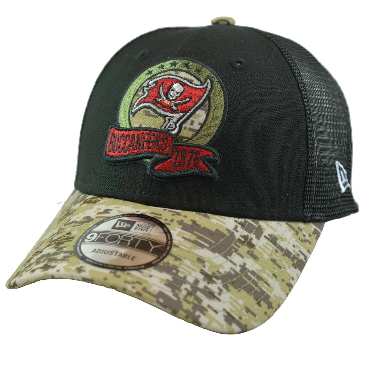 Tampa Bay Buccaneers New Era 940 Salute To Service Black & Camo Mesh Back Adjustable Men's Snapback Hat