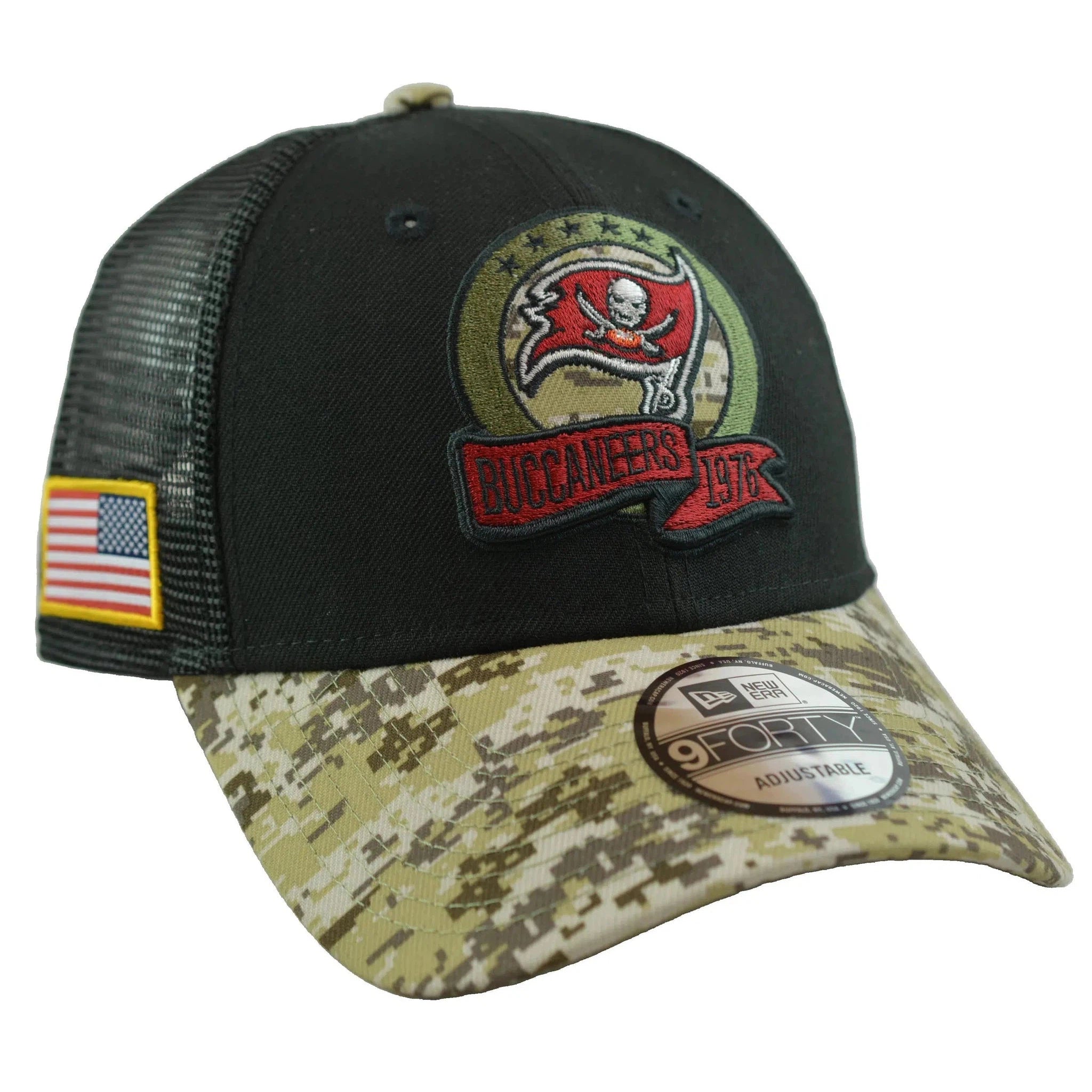 Tampa Bay Buccaneers New Era 940 Salute To Service Black & Camo Mesh Back Adjustable Men's Snapback Hat