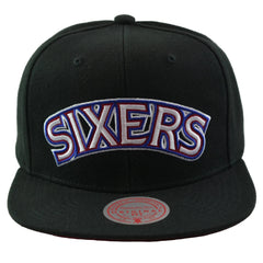 Philadelphia 76ers NBA Satin Under Team Logo Men's Black Snapback Hat by Mitchell & Ness