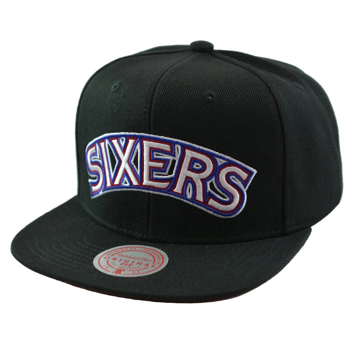 Philadelphia 76ers NBA Satin Under Team Logo Men's Black Snapback Hat by Mitchell & Ness