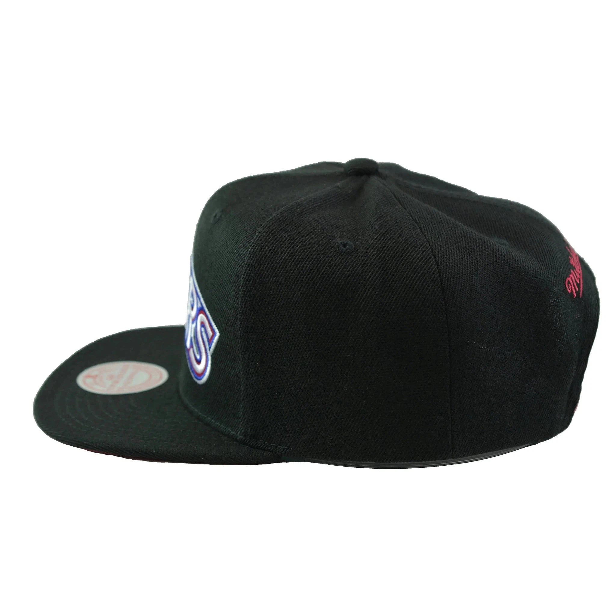 Philadelphia 76ers NBA Satin Under Team Logo Men's Black Snapback Hat by Mitchell & Ness