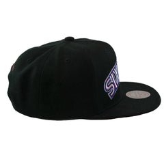 Philadelphia 76ers NBA Satin Under Team Logo Men's Black Snapback Hat by Mitchell & Ness