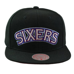 Philadelphia 76ers NBA Satin Under Team Logo Men's Black Snapback Hat by Mitchell & Ness