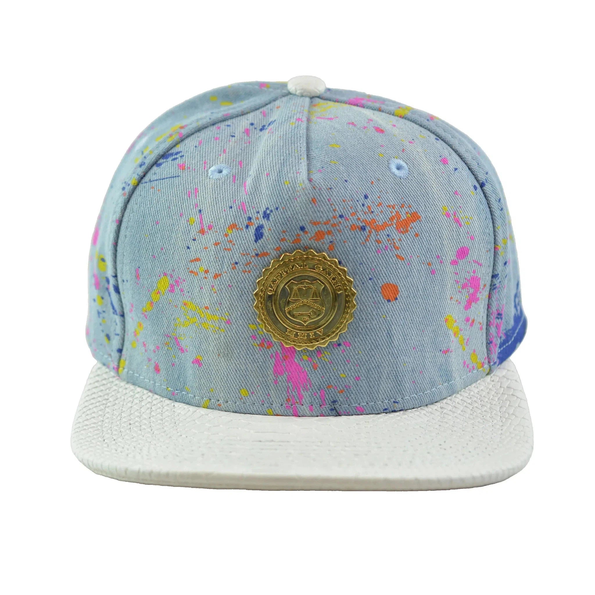 Capital Gains Men's Streetwear Denim Paint Splatter Flat Bill Hat Strap Back Cap