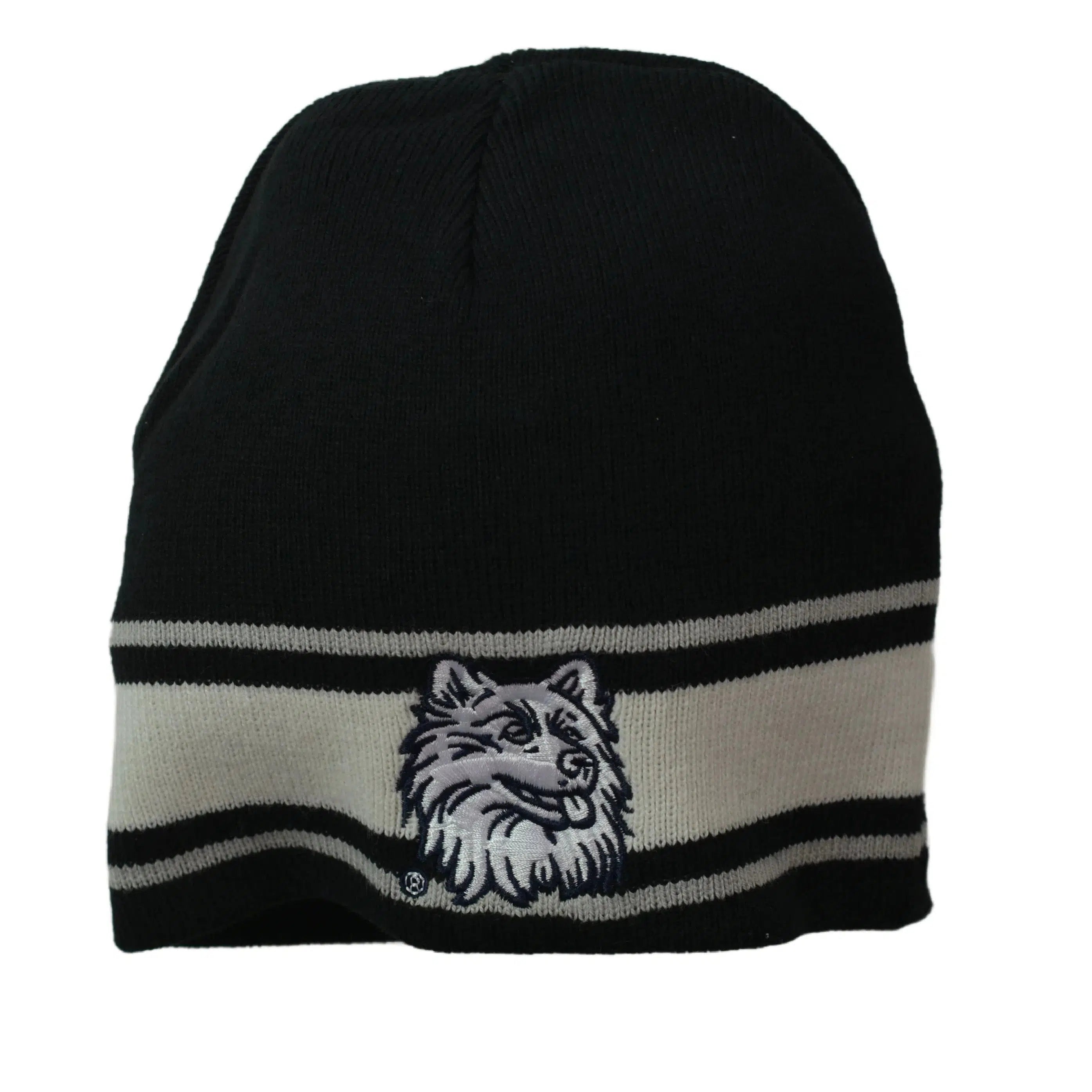 UConn Huskies NCAA Team Logo Cuff-less Knit Black & White Beanie Winter Hat